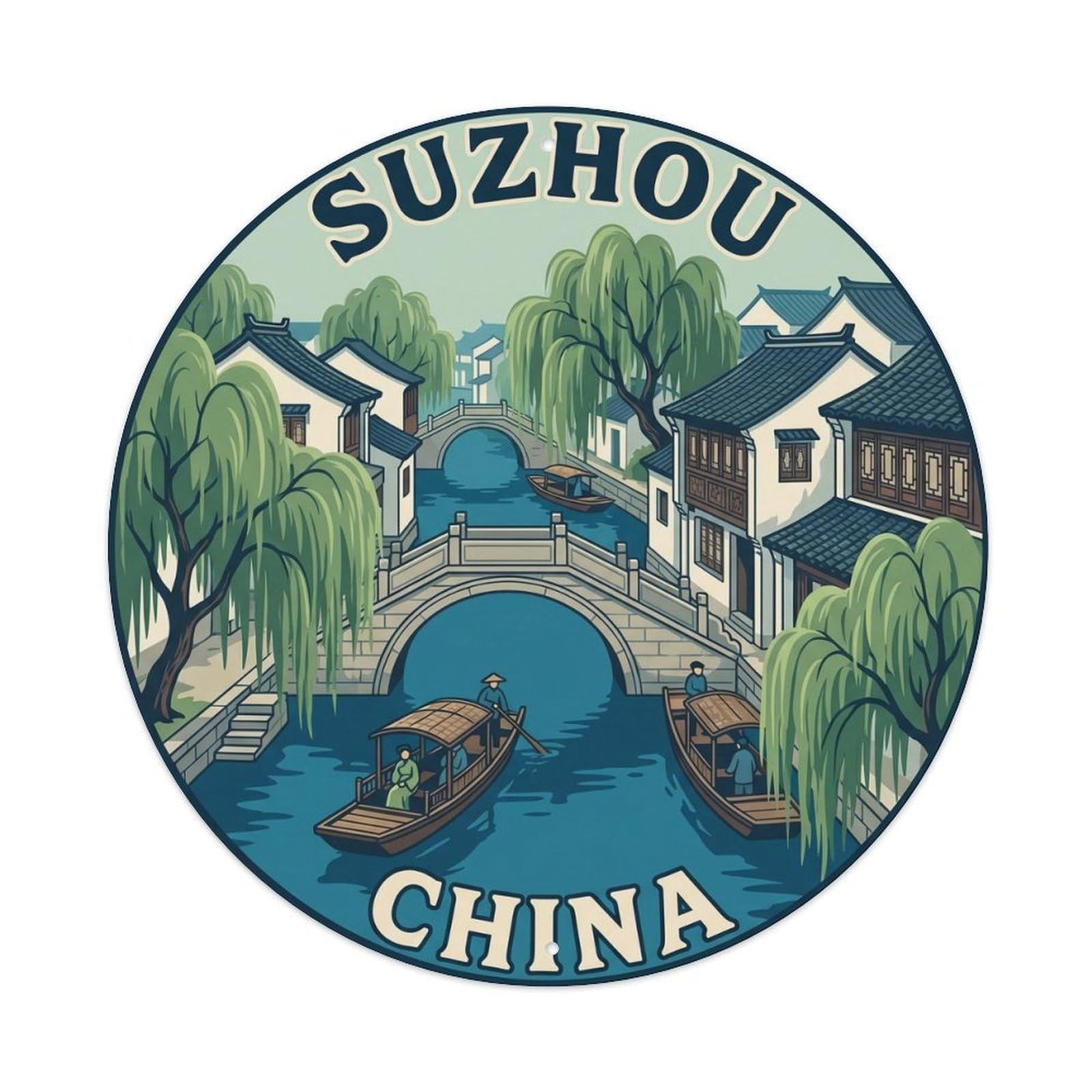 Vintage Travel Suzhou China Canals Vintage Metal Tin Sign Plaque Wall Decor for Cafe, Club Bar, Office, Garden Metal Poster 8x8Inch