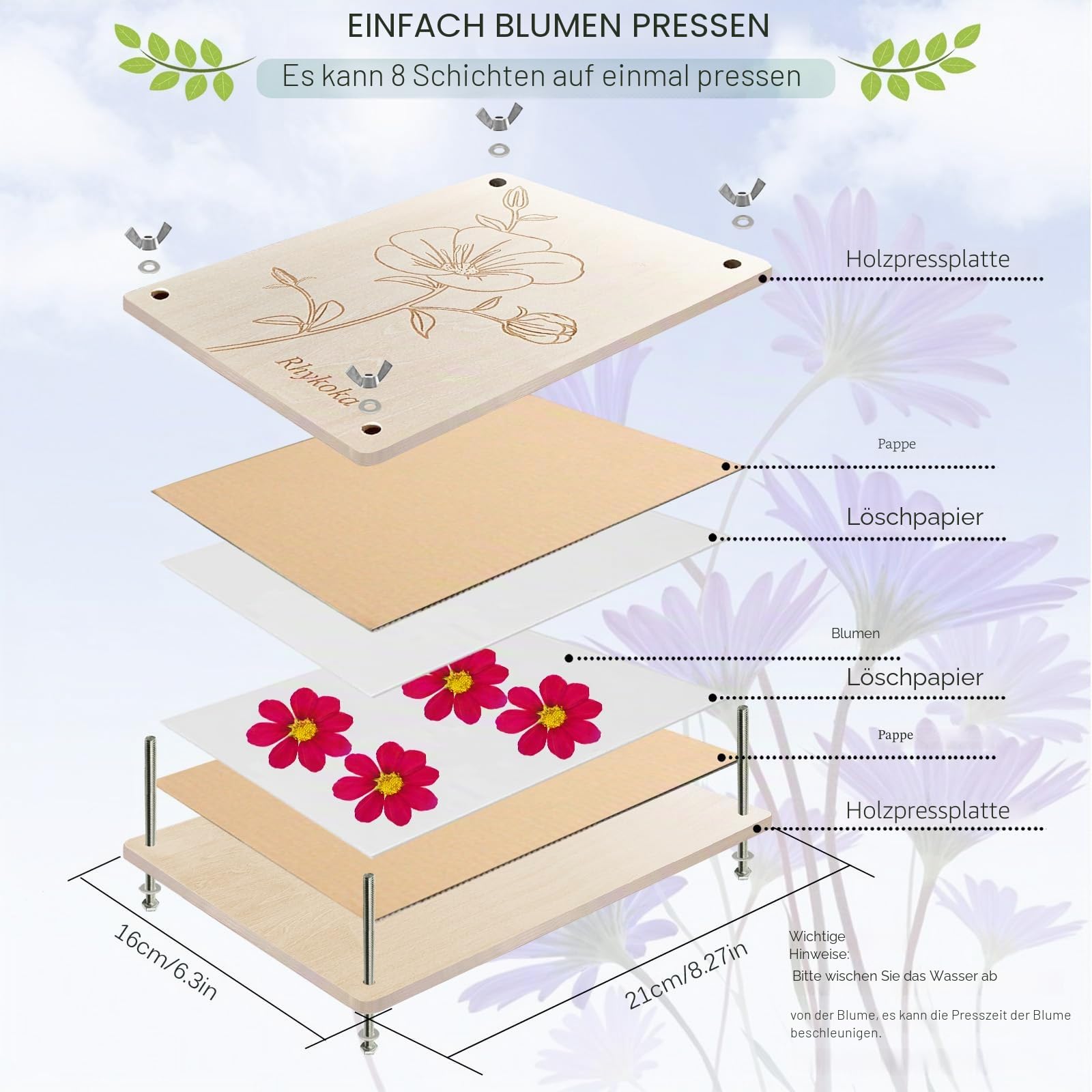 Professionelles 8-lagiges Blumenpresse-Set, 16 x 21 cm, Holzblatt-Press-Set für Kinder und Erwachsene, klare Anleitung enthalten (evtl. nicht in deutscher Sprache) – schönes Geschenk für