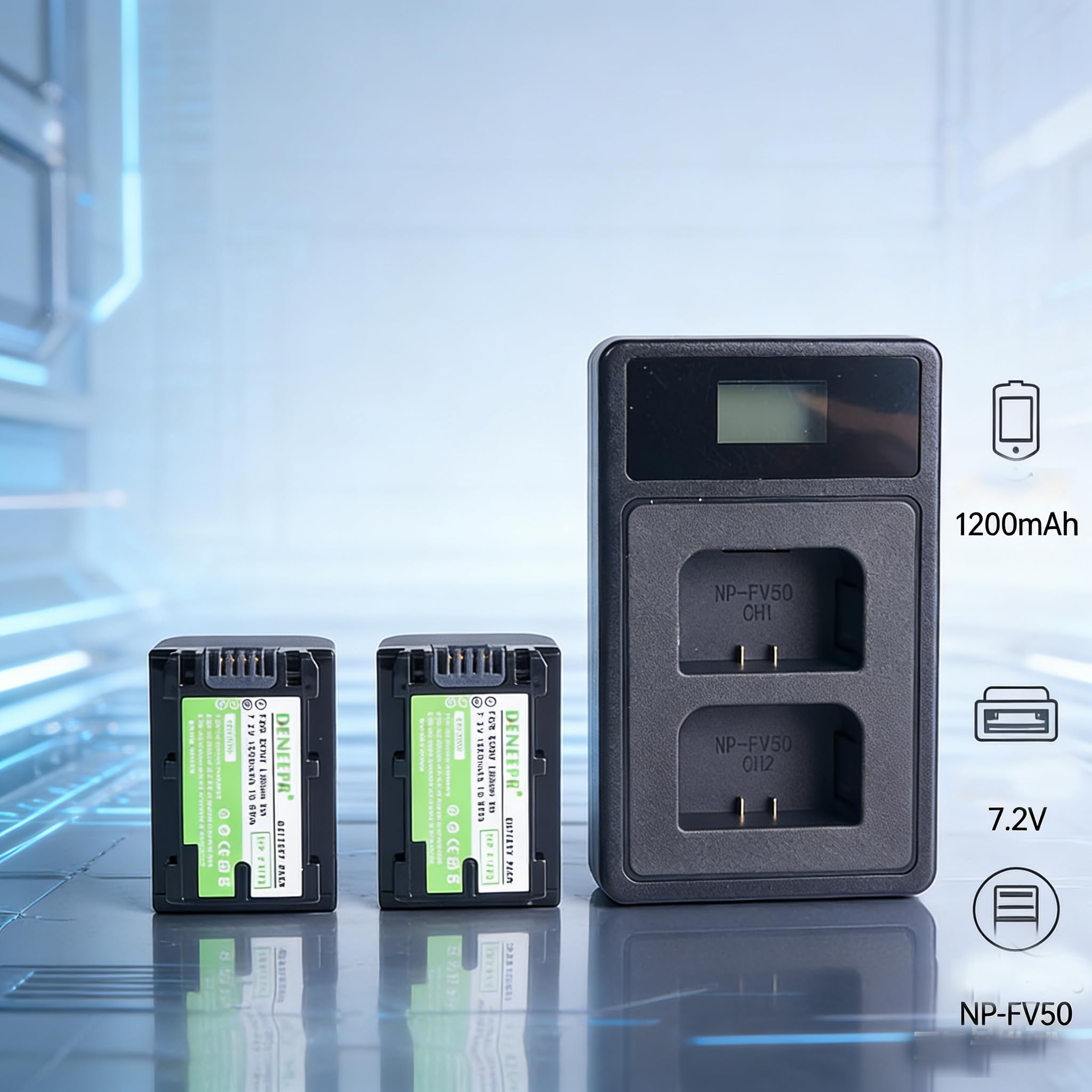 Lot de 2 Batteries Li-ION NP-FV50 compatibles avec Sony HDR-CX220, HDR-CX430V, HDR-CX900, HDR-CX260V, HDR-CX580V, HDR-CX760V, HDR-PJ200, HDR-PJ230, HDR-PJ340, HDR-PJ380, HDR-PJ380, HDR-PJ380. J430V