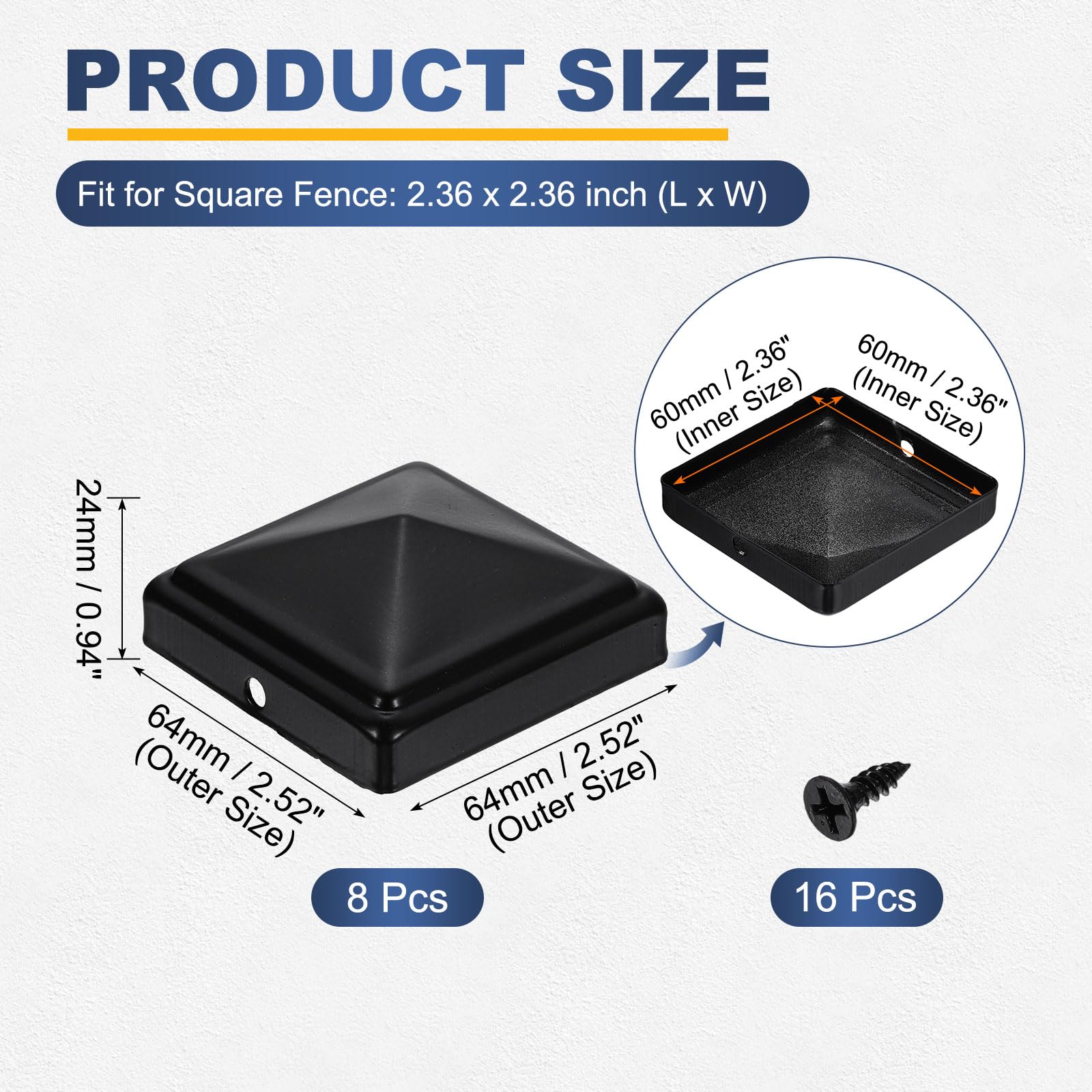 QUARKZMAN 8 Piezas Tapas Para Postes Cerca, Tapa Columna Cuadrada 60 Mm / 2.36 Pulgadas, Cubierta Pirámide De Hierro Impermeable Con Tornillos Para Cerca De Metal O Madera.