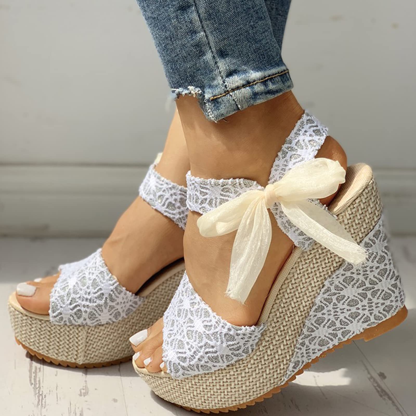 HIONRE Women Backless Platfrom Sandals,Lace Casual Sandals, Platform High Heels Women,silver,38,Ladies Ankle Strap Platfrom Sandals