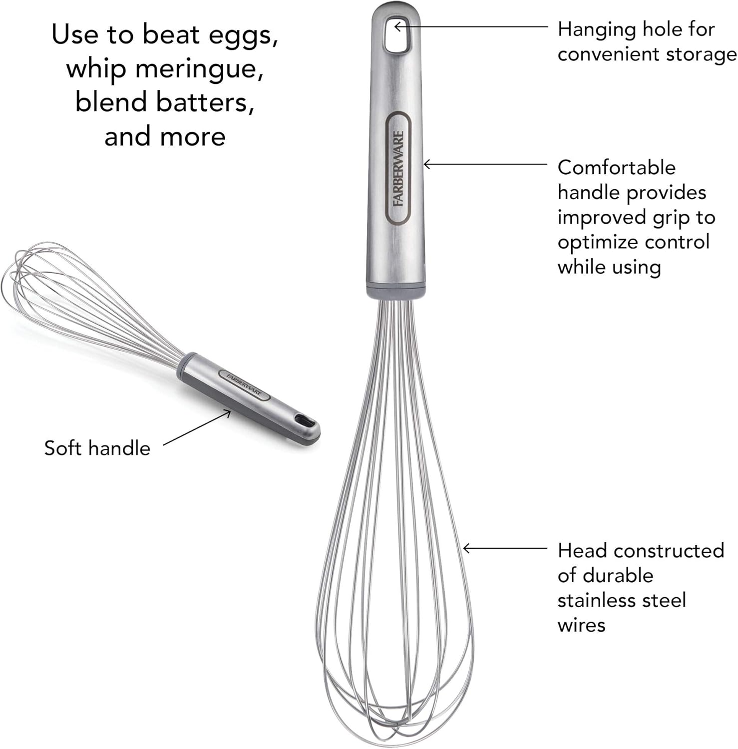 Farberware Whisk features including soft handle and hanging hole