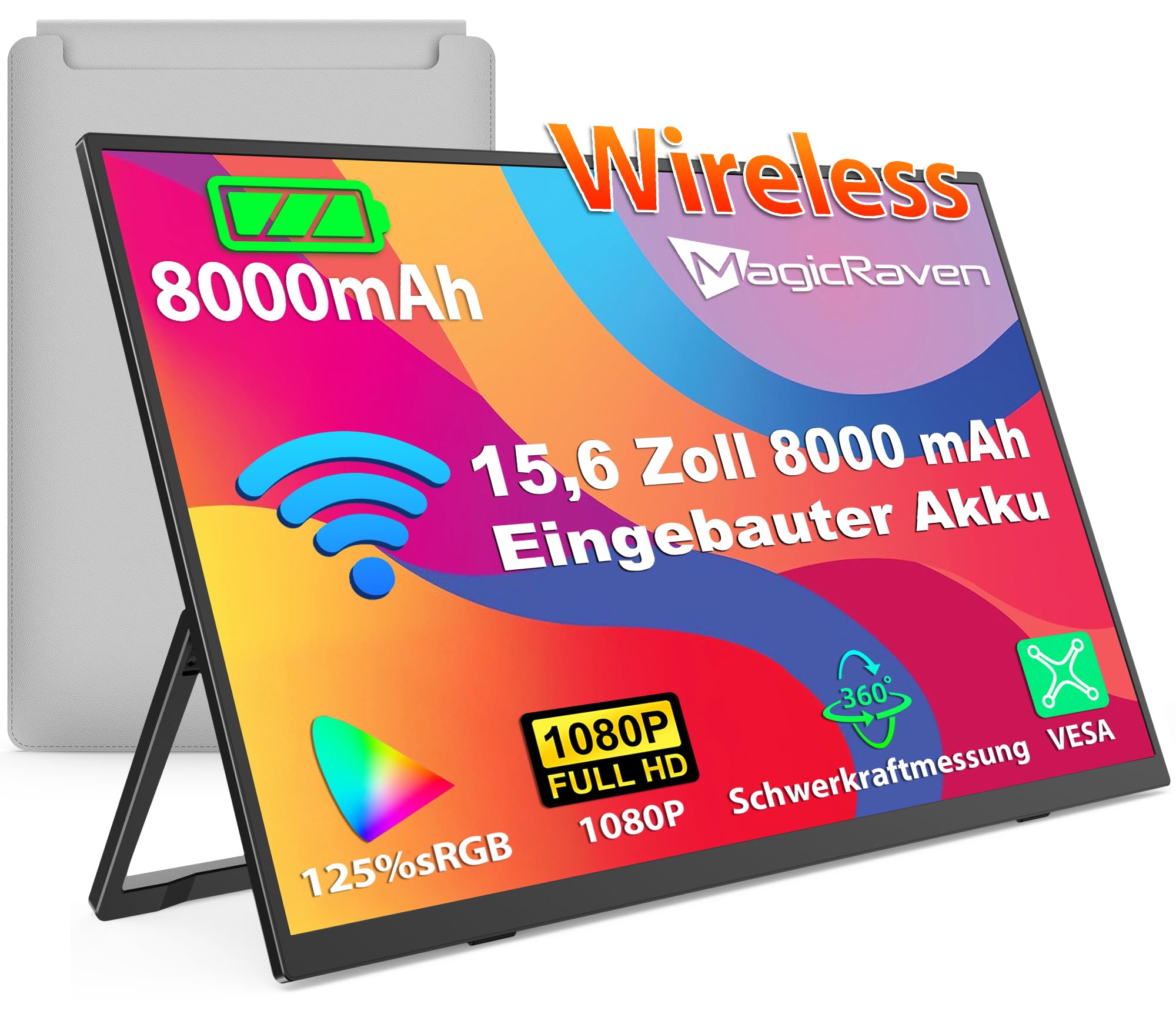 MAGICRAVEN Drahtloser Portable Monitor mit 8000-mAh Akku, 15,6 Zoll 1080P Tragbarer Monitor, Laptop Bildschirm Erweiterung, Mobiler Monitor IPS Screen, Unterstützt AirPlay/Miracast,für Laptop/Telefone