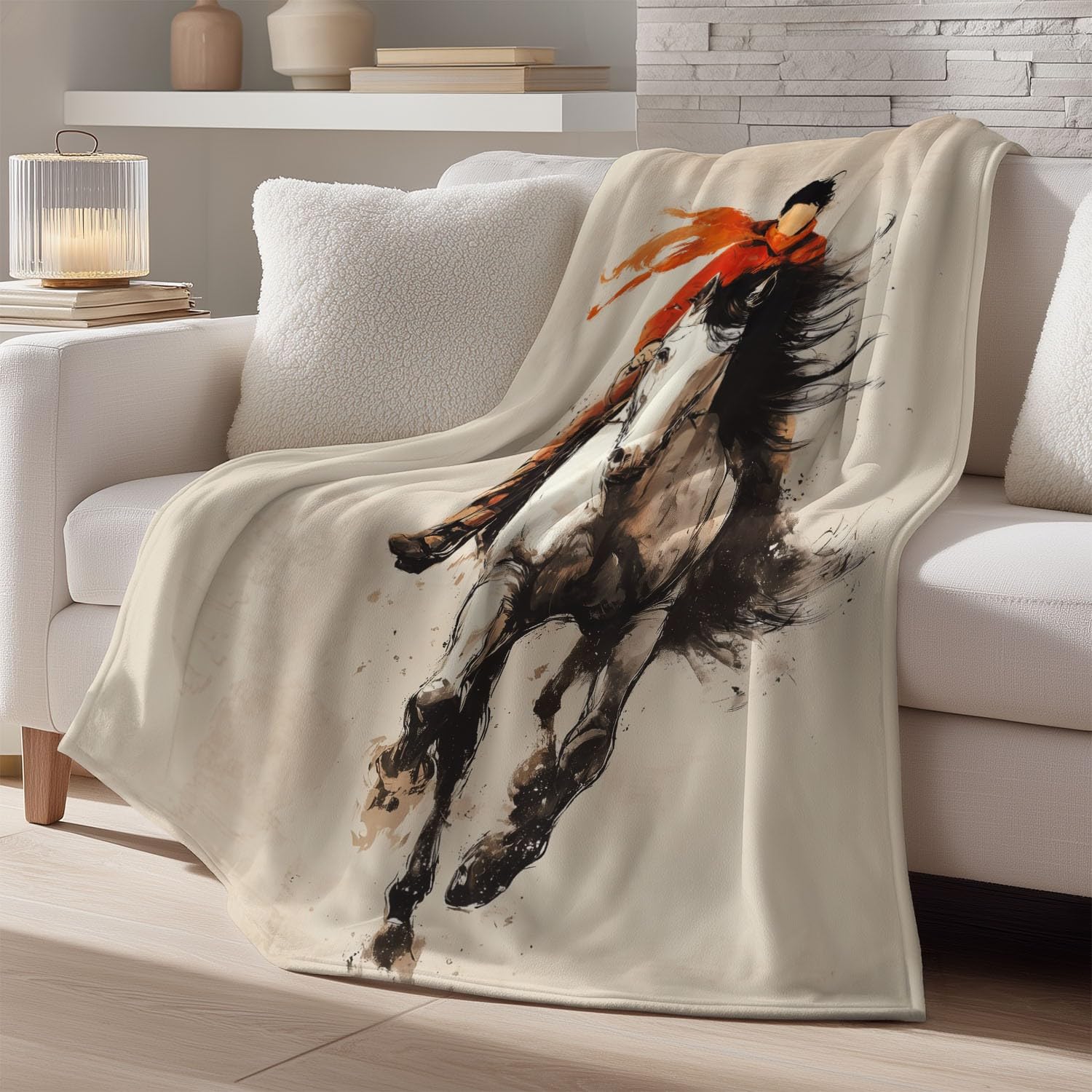 Przytulny koc flanelowy w stylu vintage, fantazyjny, koń, kowbojski, puszysty, miękki i ciepły, beżowy, koc na sofę, koc na kanapę, dla nastolatków i dorosłych, 150 x 200 cm