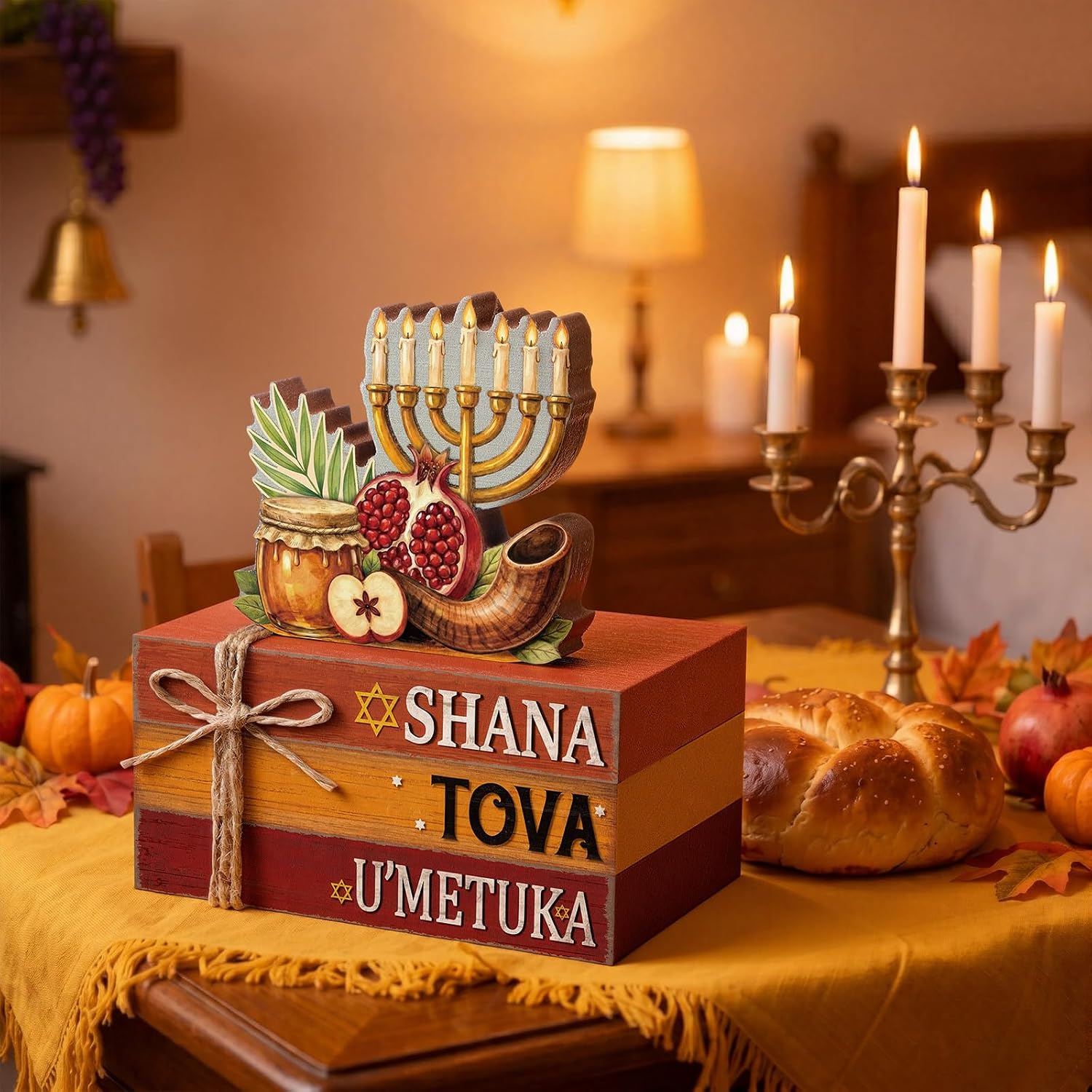 Geelin 4 Pcs Rosh Hashanah Tiered Tray Decor, Jewish New Year Party Decoration, Wooden Book Stack Signs Gifts, Shana Tova Apple and Honey Farmhouse Rustic Table Centerpiece for Shelf Coffee Bar