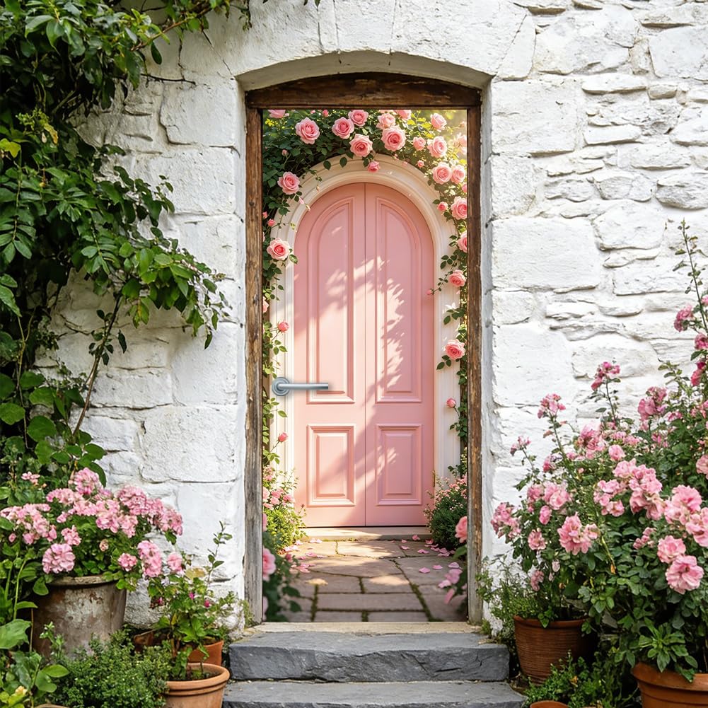 TNKBREEZE 2 Pcs Wintage Rose Door Stickers Spring Pink Flower Peel and Stick Vinyl Full Door Decals Self-Adhesive Removable Covers Mural for Bedroom Wardrobe Closet Decor 78.7"x15.7"