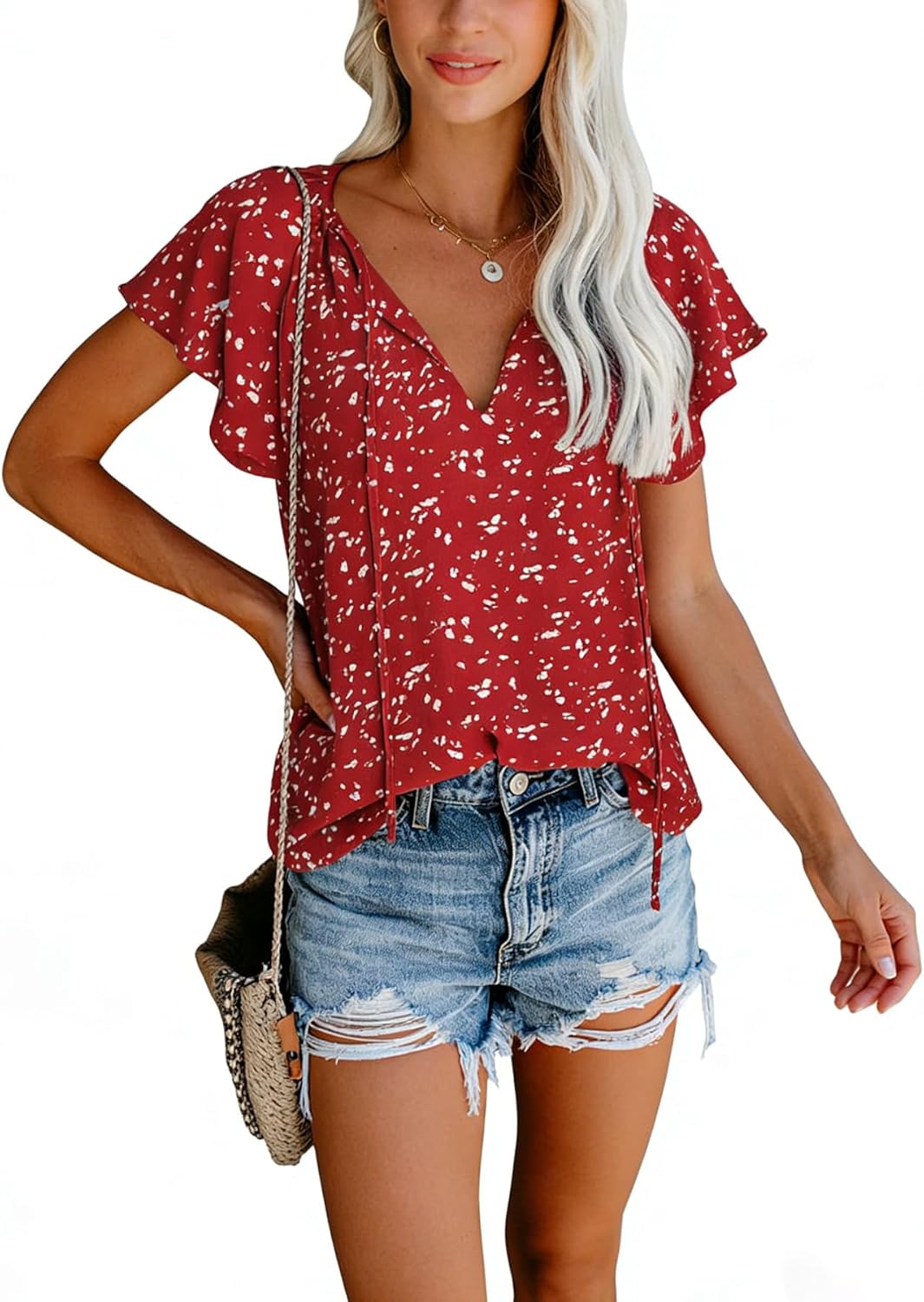SimpleFun Women's Boho Tops Floral V Neck Short Sleeve Summer Blouse Shirts - Image 2