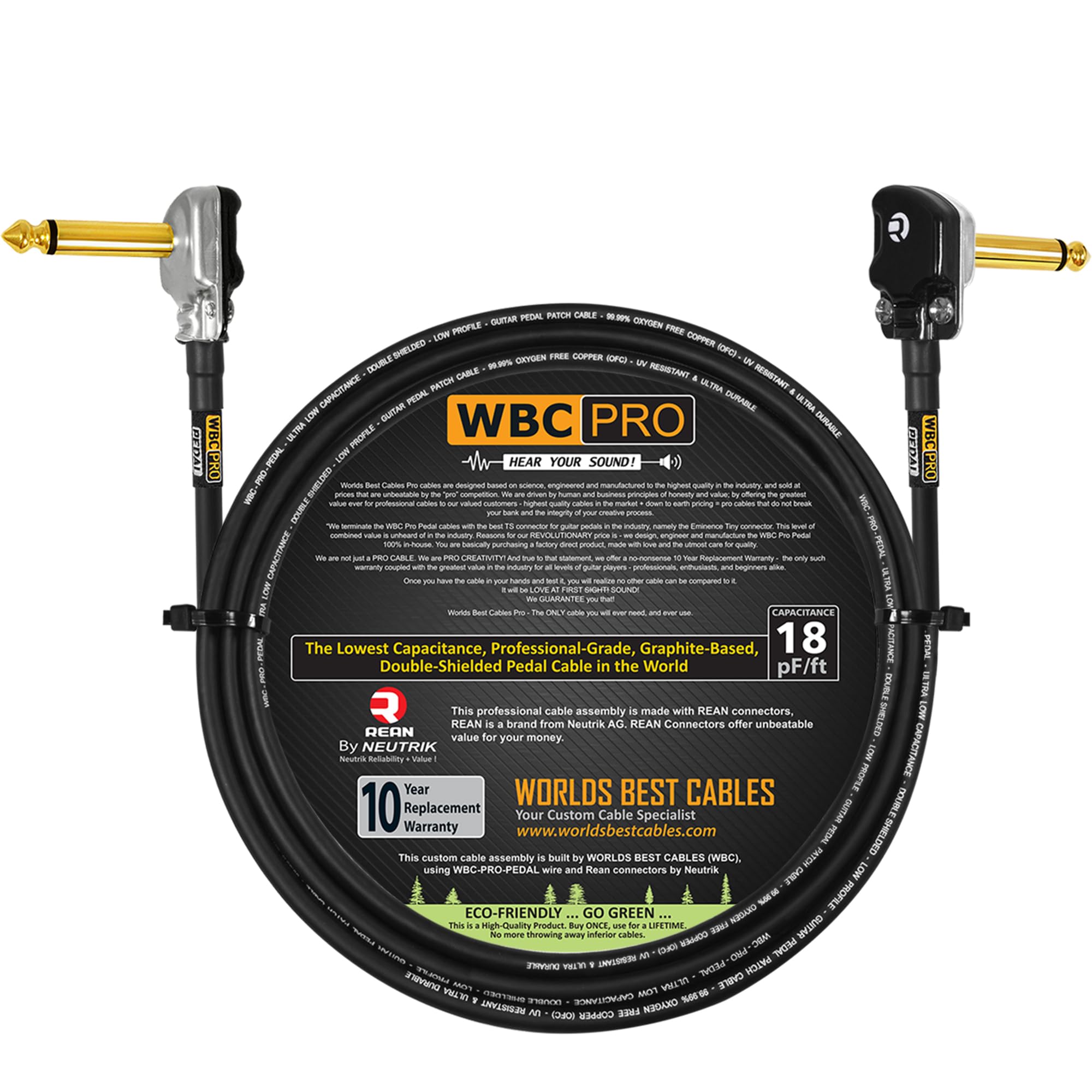 10 Foot - WBC-PRO-Pedal – 22 AWG - Low-Cap (18pF/ft) – Pro-Grade – Graphite-Based - Dual-Shielded Pedal, Effects, Patch, Instrument Cable with Neutrik-Rean Gold Plated Pancake TS Connectors