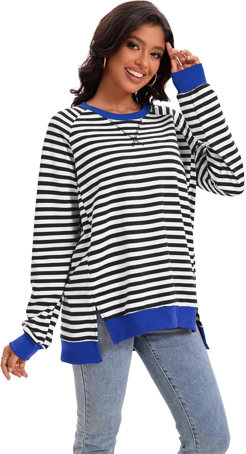 Womens Striped Color Block Sweatshirt Oversized Side Slit Crew Neck Loose Shirts Long Sleeve Pullover Tops 2025 Trendy - Image 6