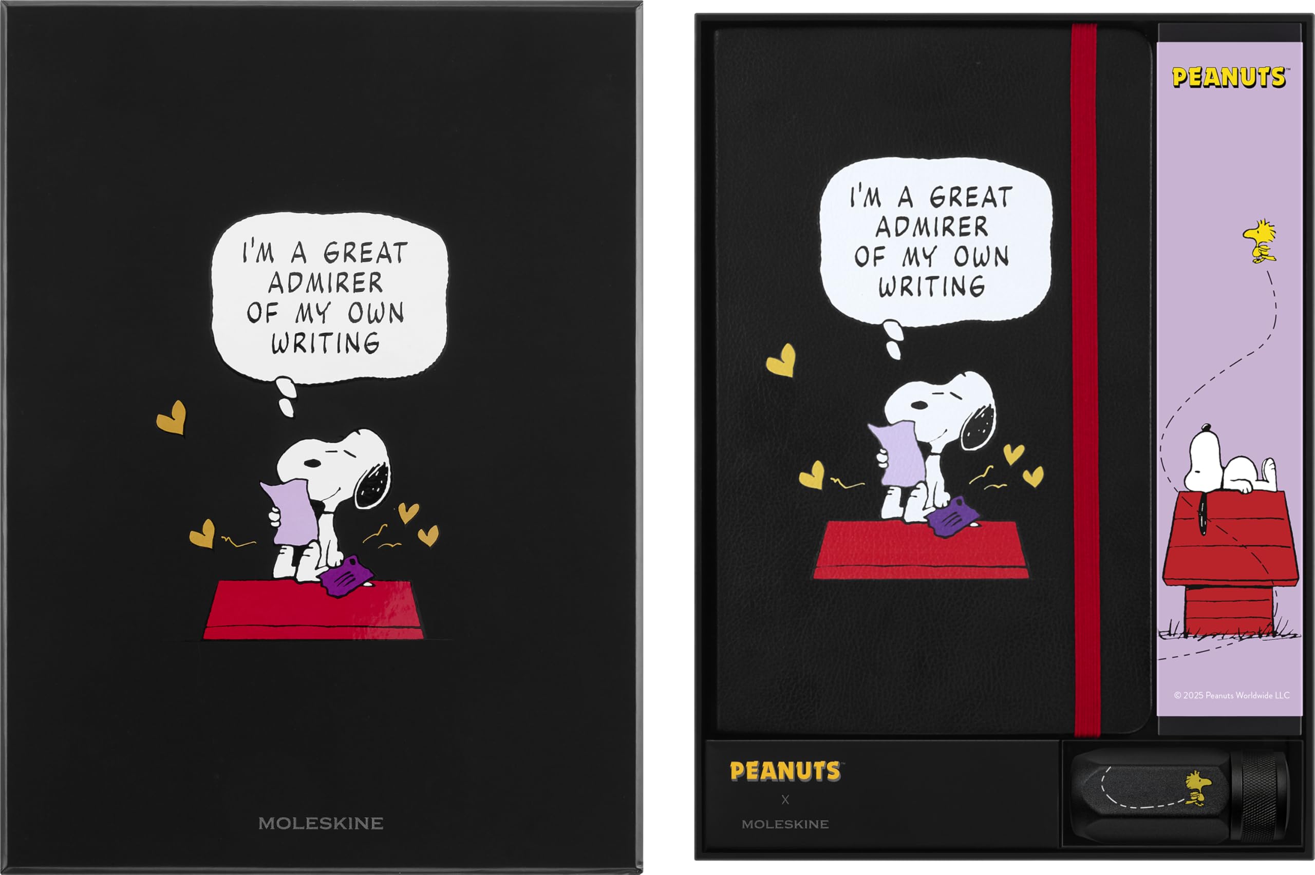 Moleskine Peanuts Kreativ Set, Notizbuch Snoopy L/A5, fester Einband, liniert, schwarz, Blackwing Graphitstifte weich (12x), Radiergummi und Anspitzer