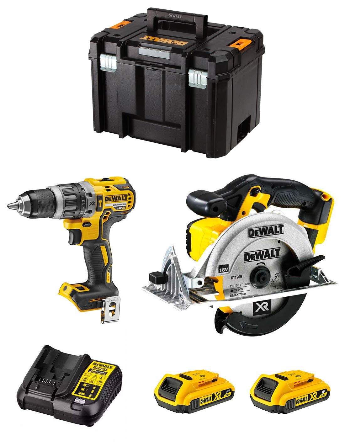 DeWALT Kit DWK201 Perceuse à Percussion DCD796 Scie Circulaire DCS391 2 Batteries 2,0 Ah Chargeur TSTAK VI