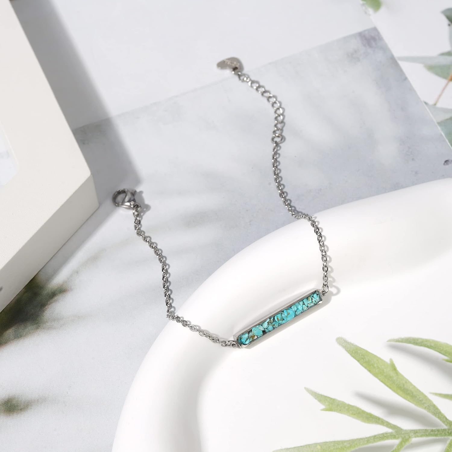 Lauren-Spencer Turquoise Bracelet for Women Adjustable Stainless Steel Chain Bracelet Dainty Simple Malachite Sodalite Turquoise Gemstone Charm Bracelets for Women Jewelry Gift
