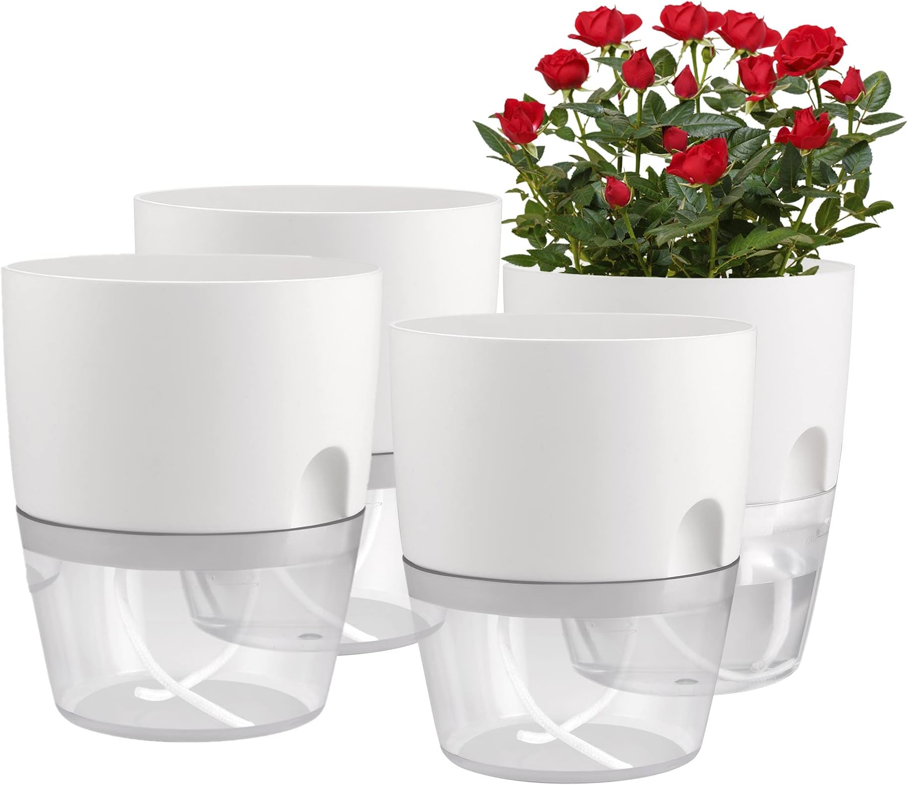 4 Pack 4.1 Inch Self Watering Pots for Indoor Plants Wicking Pots, Modern Decorative Planter Pot for House Plants, Aloe, Herbs, African Violets, Succulents-White