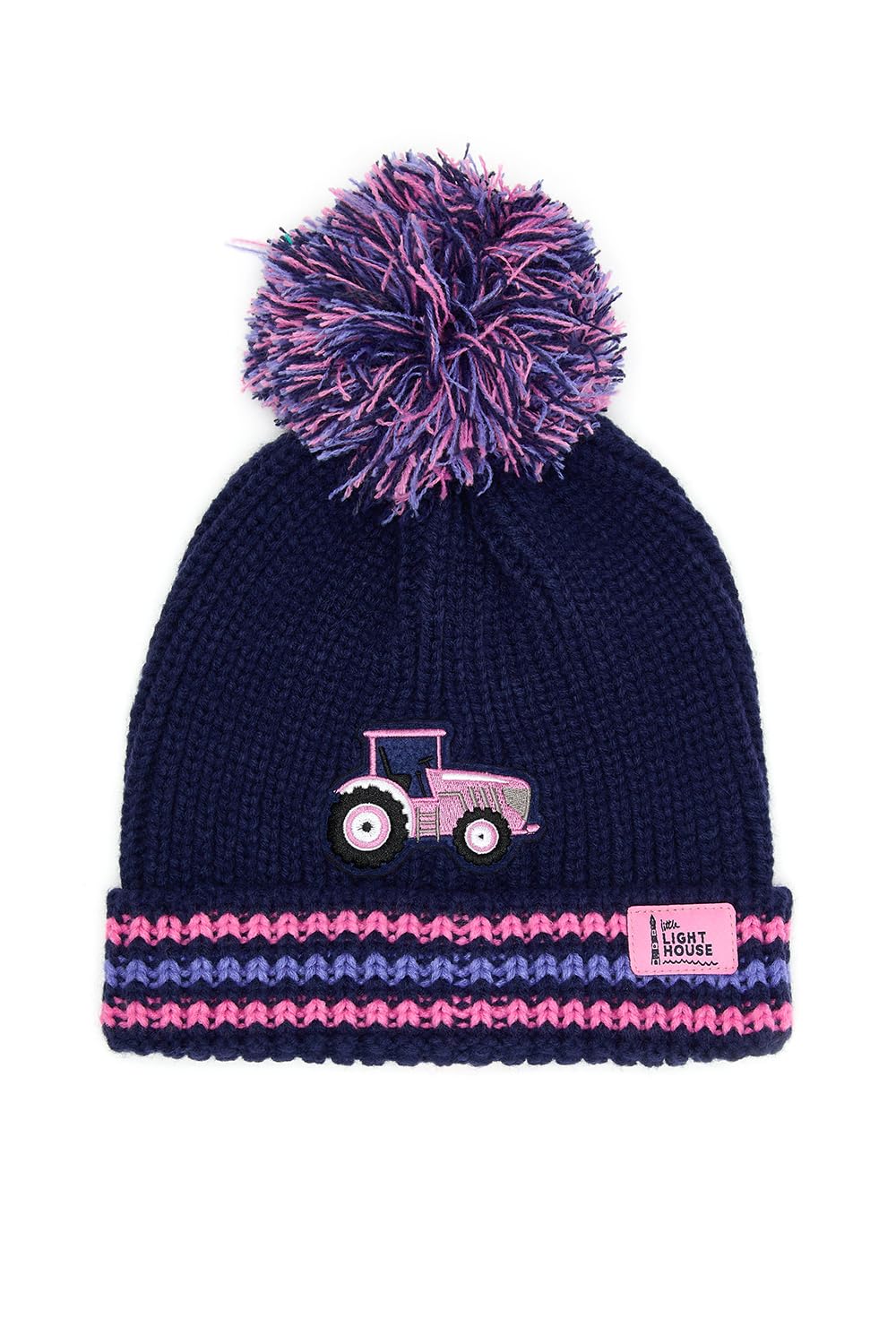 LightHouse Kids Bobbie Warm Bobble Cable Knit Hat - Childrens Winter Outdoor Headwear - Pink Tractor Striped - 2-4 Years