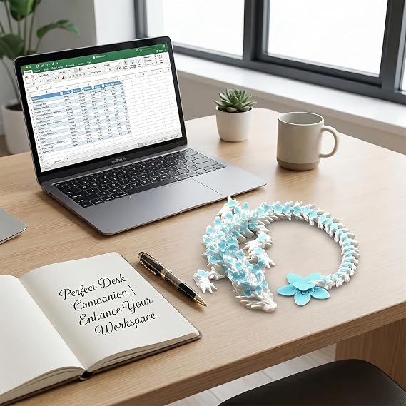 3d Printed Dragon, Dragon Fidget Toy, Blue and White Cherry Blossom Dragon Fidget Toys, Articulated 3D Printed Dragon for Desk Decoration, Desk Toys Home Office Decor
