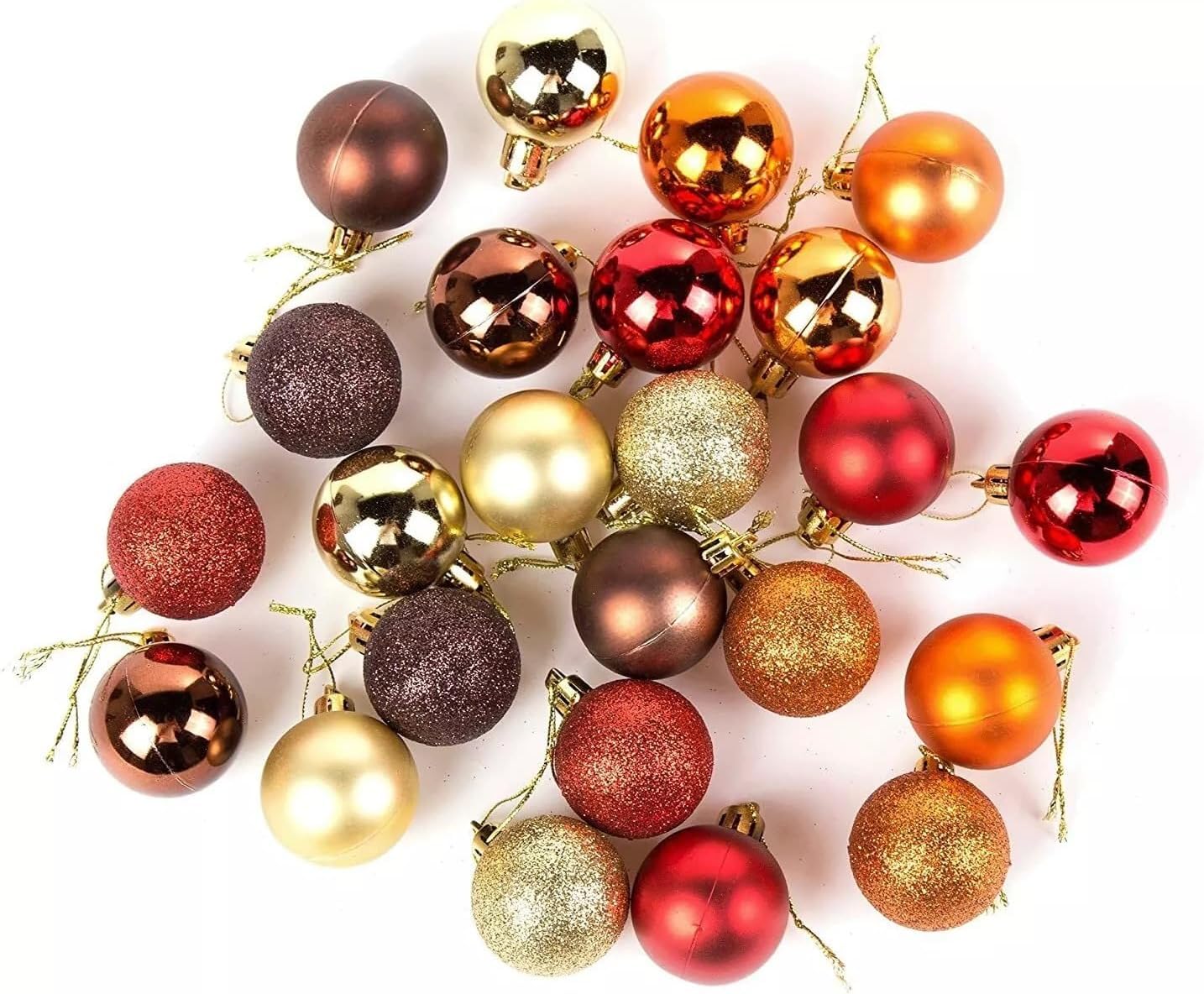 24-Pack Christmas Tree Baubles Red, Gold, Bronze, Brown Ornaments in Shiny, Matte, and Glitter Finishes, 35mm
