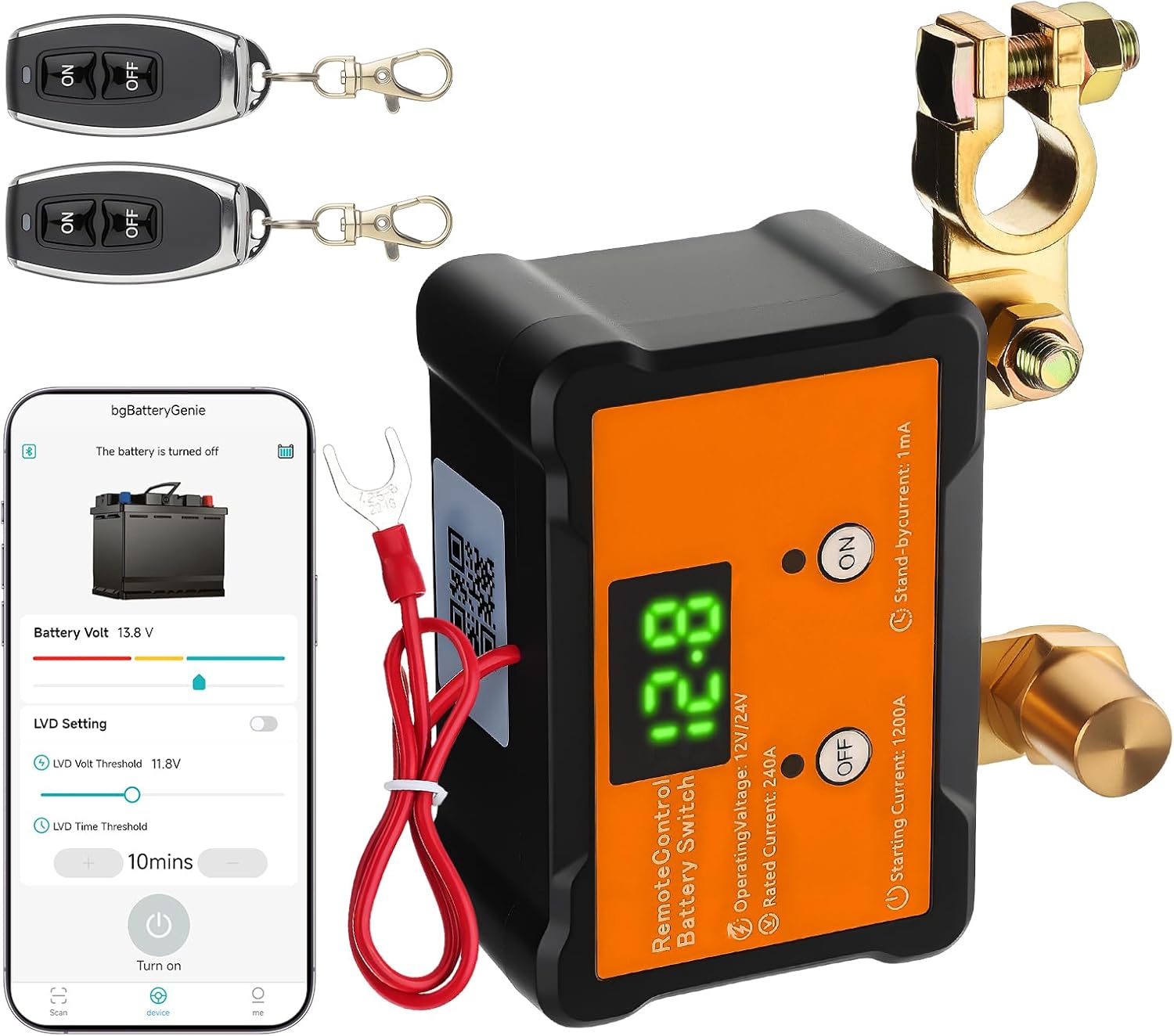 Battery Kill Switch with APP Control, 12V 24V 240A Automatic Battery Disconnect Switch with Voltage Display, Remote Battery Cut Off Switch for Car Truck Boat RV Marine Anti-Theft (Flat Mount)