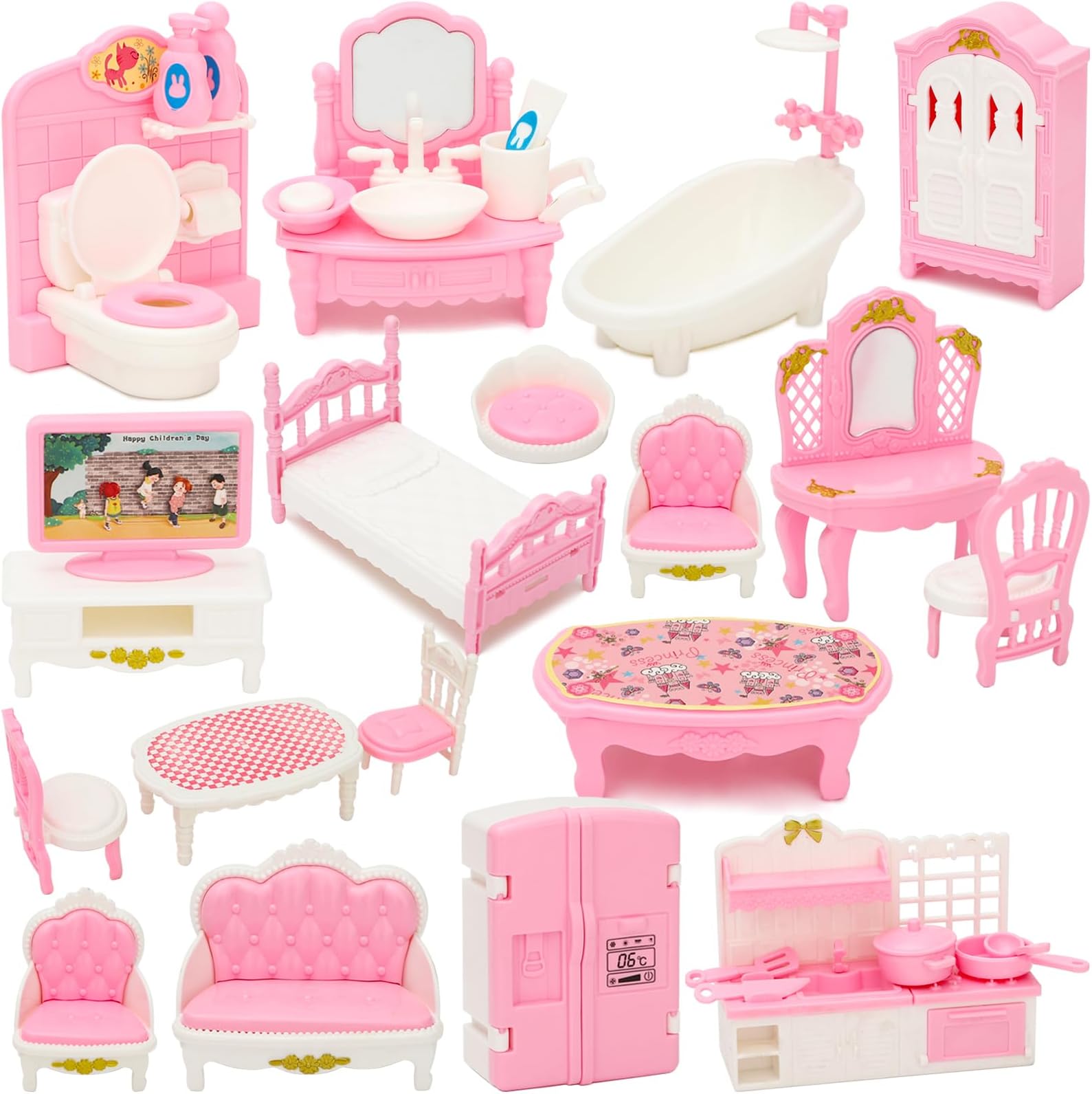 ONEST32 Pieces Dollhouse Furniture Set Mini House Accessories with Bedroom Living Room Bathroom Kitchen Miniature 1:12 Furniture Accessories Model for Kids