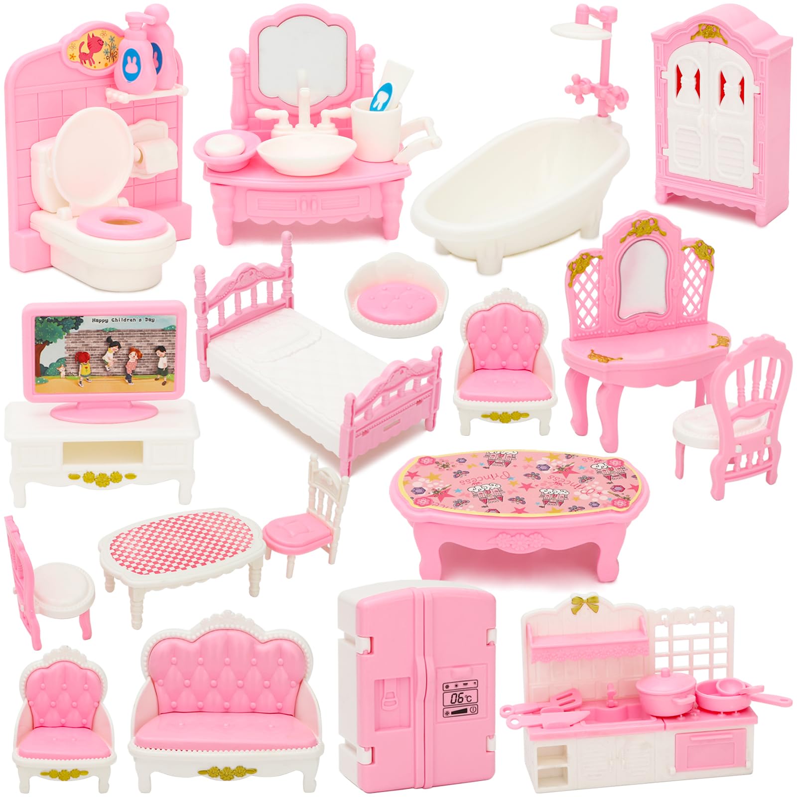ONEST32 Pieces Dollhouse Furniture Set Mini House Accessories with Bedroom Living Room Bathroom Kitchen Miniature 1:12 Furniture Accessories Model for Kids