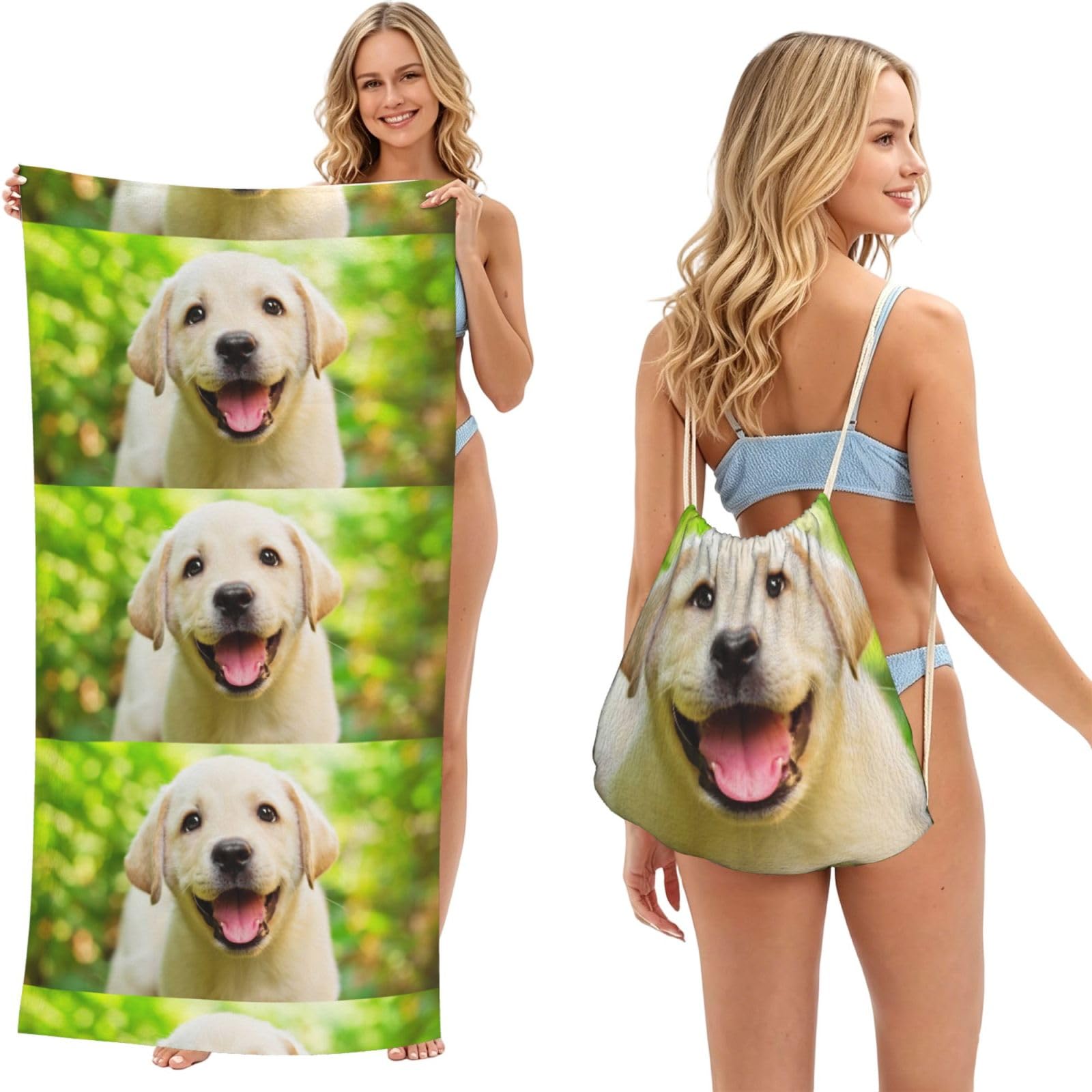 Poadnly As Picture Labrador Retriever Puppy Dog, 2 In 1 Packable Towel Bag, Beach Towels With Drawstring Backpack For Travel Holiday Camping