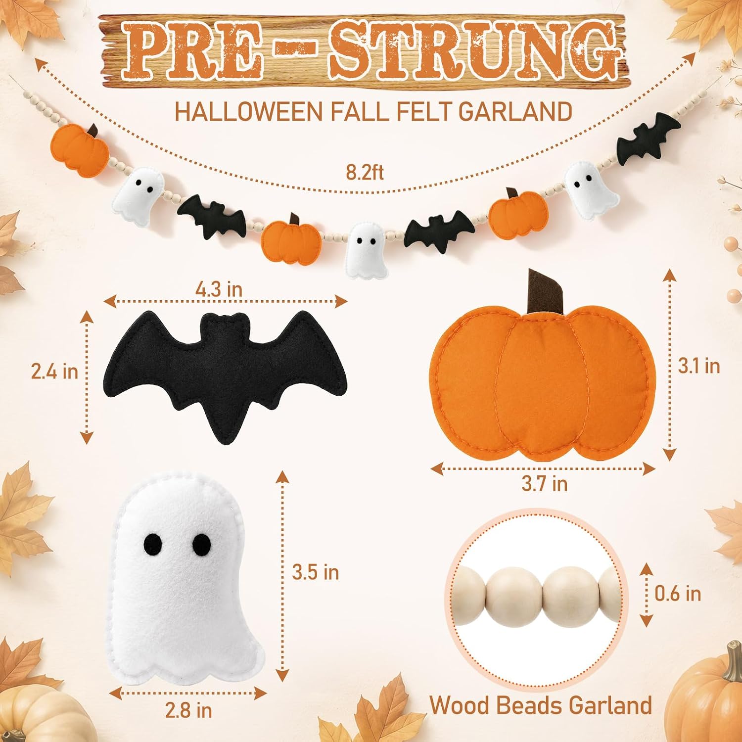 Hahafelt 8.2ft Halloween Felt Wood Beads Garland, Pumpkin Ghost Bat Banner