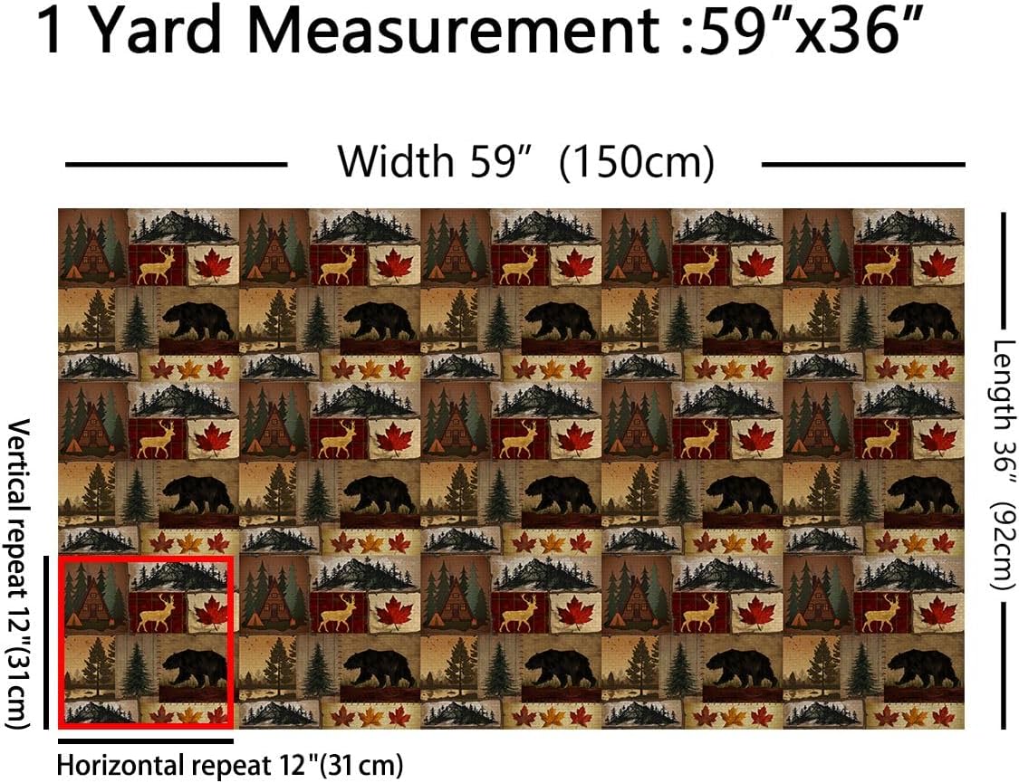 Erosebridal Hunting Animal Fabric by The Yard,Woodland Deer Bear Waterproof Outdoor Fabric,Autumn Rustic Plants Maple Cabin Upholstery and Home Accents,Patchwork Wildlife DIY Art Decor,10 Yards