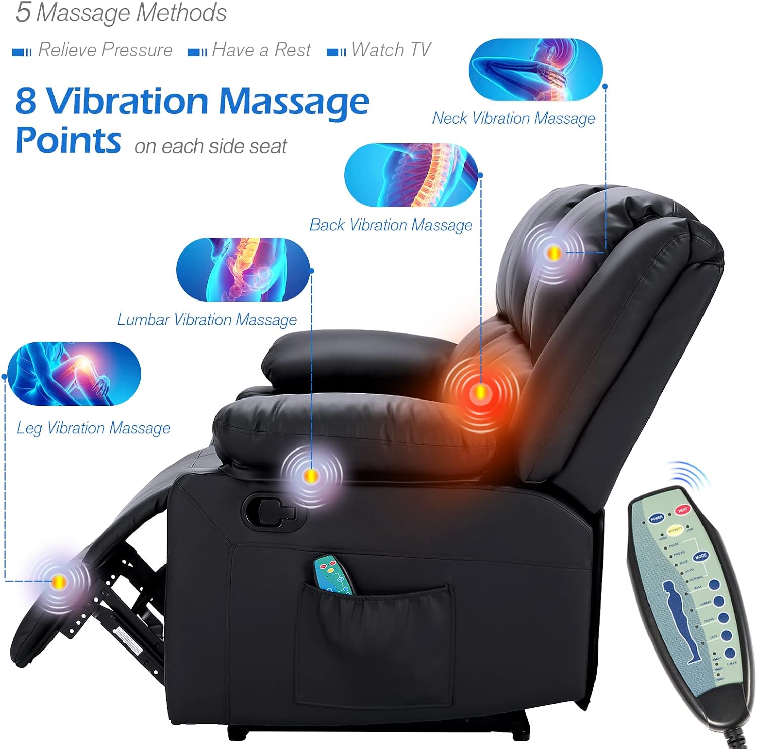 YODOLLA Recliner Couch Massage & Heat Wall-Hugger Faux Leather Black
