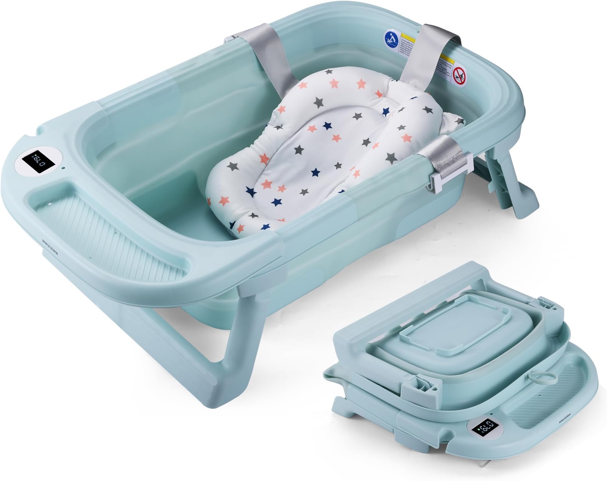 Baby Bathtub, Collapsible Newborn Bathtub for Infant to Toddler 0-24 Months with Soft Cushion and Thermometer,Portable Travel Newborn Tub with No-Slip Feet, Baby Shower Gifts (Blue+)