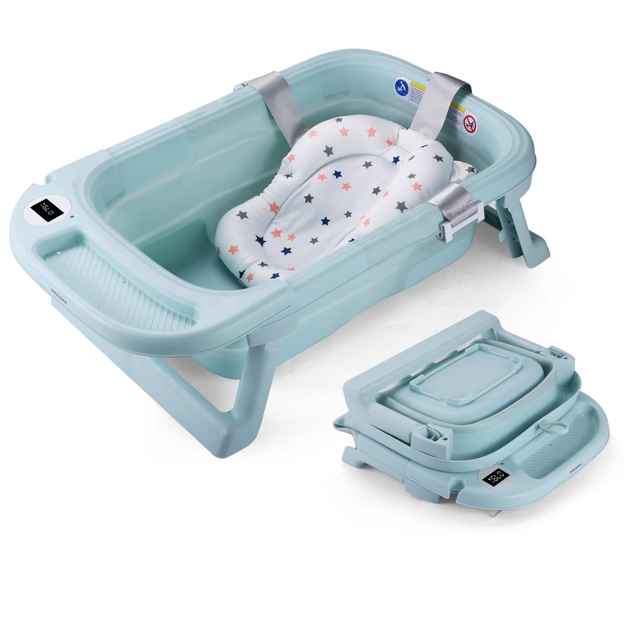 Large Foldable Baby Bath with Bath Mat, Baby Bathtub Foldable with Shower Head Connection and Integrated Thermometer (BLUE+)