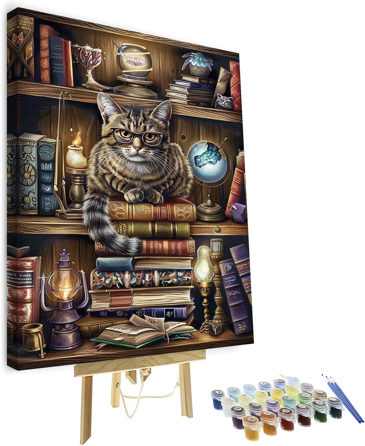 Vintage Cat Posters Paint by Numbers for Adults Beginners Painting Cat Sitting Book Shelf with Books DIY Oil Painting Kit Abstraction Canvas Craft for Home Wall Decor Gift 16x20 Inch with Frame