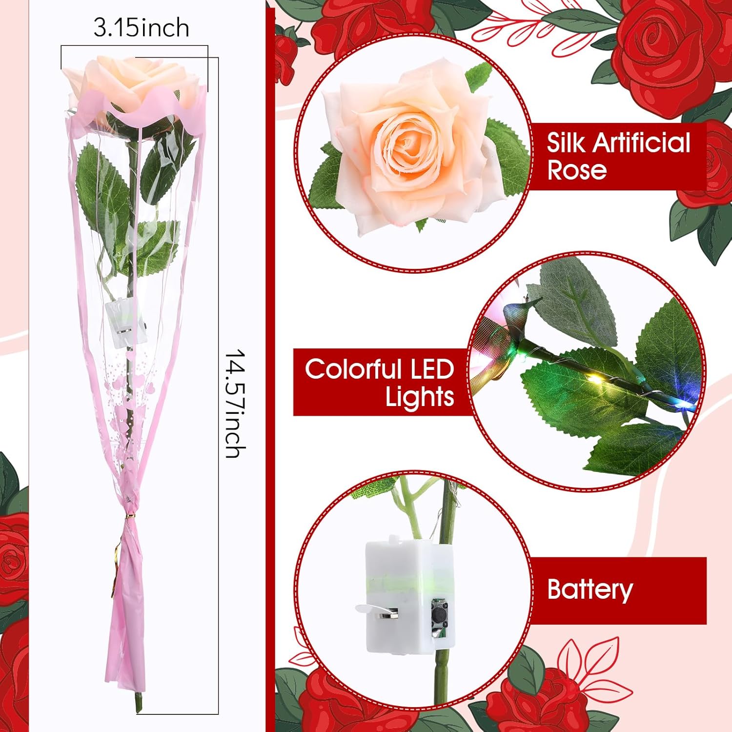 Riceshoot 24 Pcs Mother's Day Flower Rose Lights LED Glowing Artificial Flowers Rose Simulation Roses Gifts for Mom Mother's Day Party Decor (Red,Blue,Pink,Champagne)