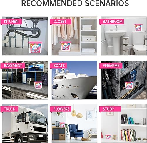 Miniatura 7 de NATRUTH Cajas absorbentes de humedad (6 paquetes), 12.5 onzas con aroma a rosa, deshumidificador portátil de armario, cubo absorbente de olores,