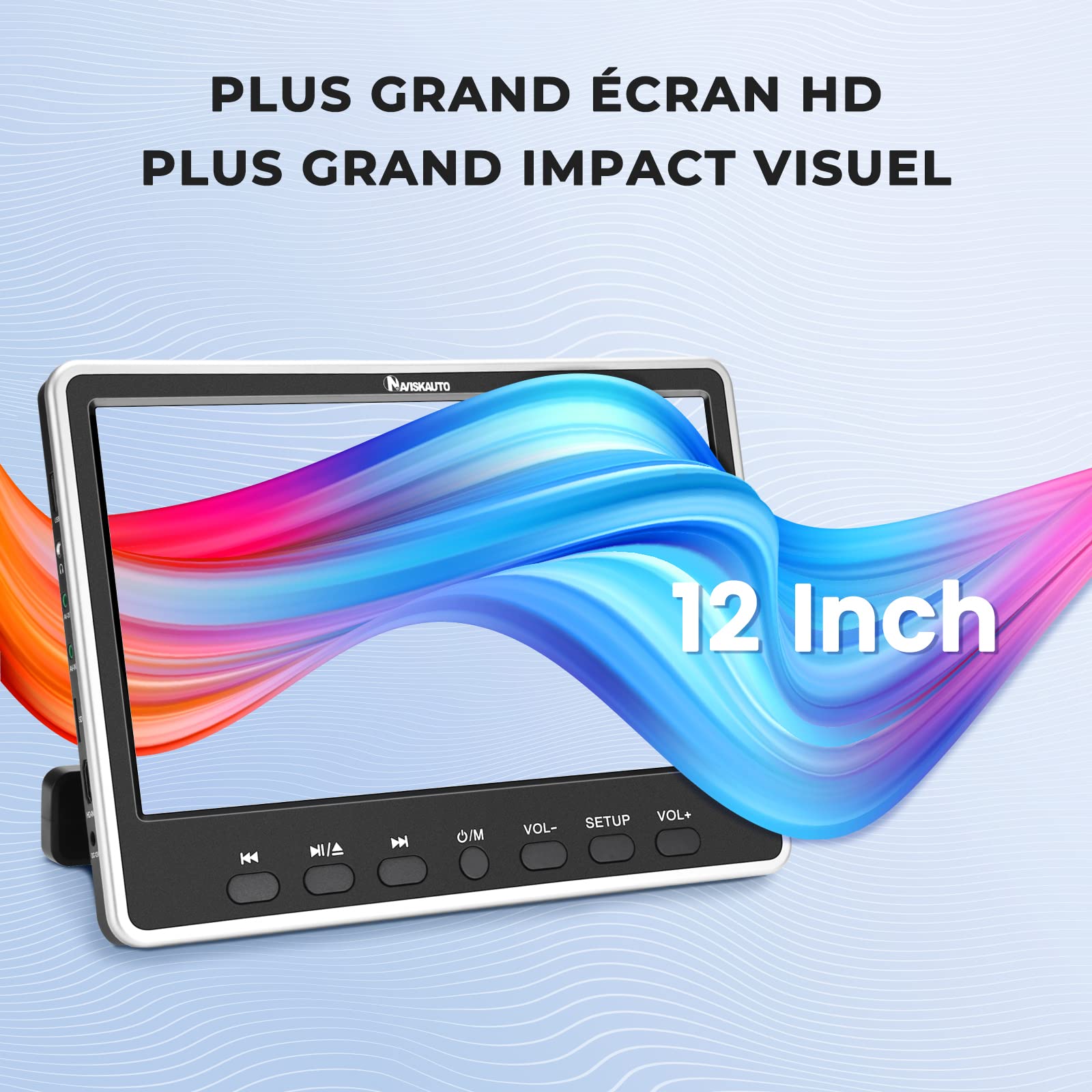 NAVISKAUTO Lecteur DVD Voiture Ecran d'appui tête avec Cable AV et Ecouteur pour Enfant 12 Pouce Compatible avec MP3, Supporte HDMI Input Région Libre USB SD