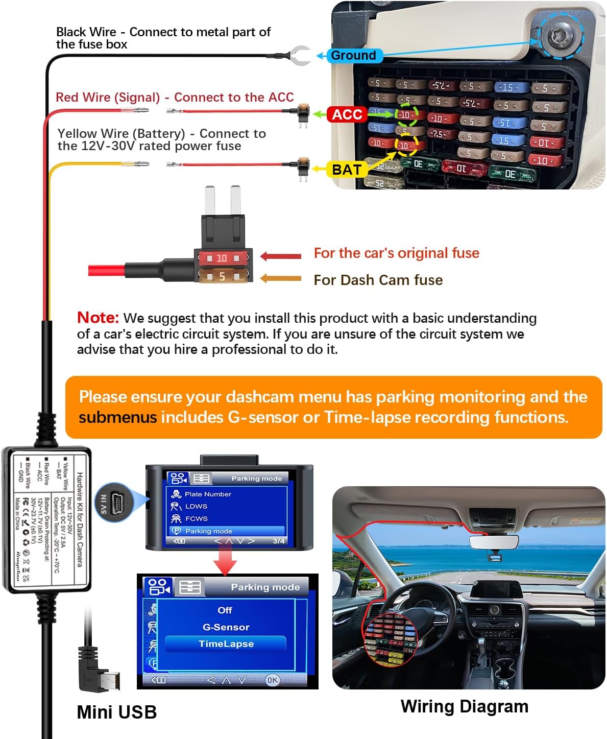 Dash Cam Hardwire Kit Mini USB, 4m/13.12ft 12V-24V to 5V Car Dash Camera Charger Power Cord, 3 cores, 4 Types / 8 adapters, Hard Wiring Kit for Dash Cams (Mini USB)