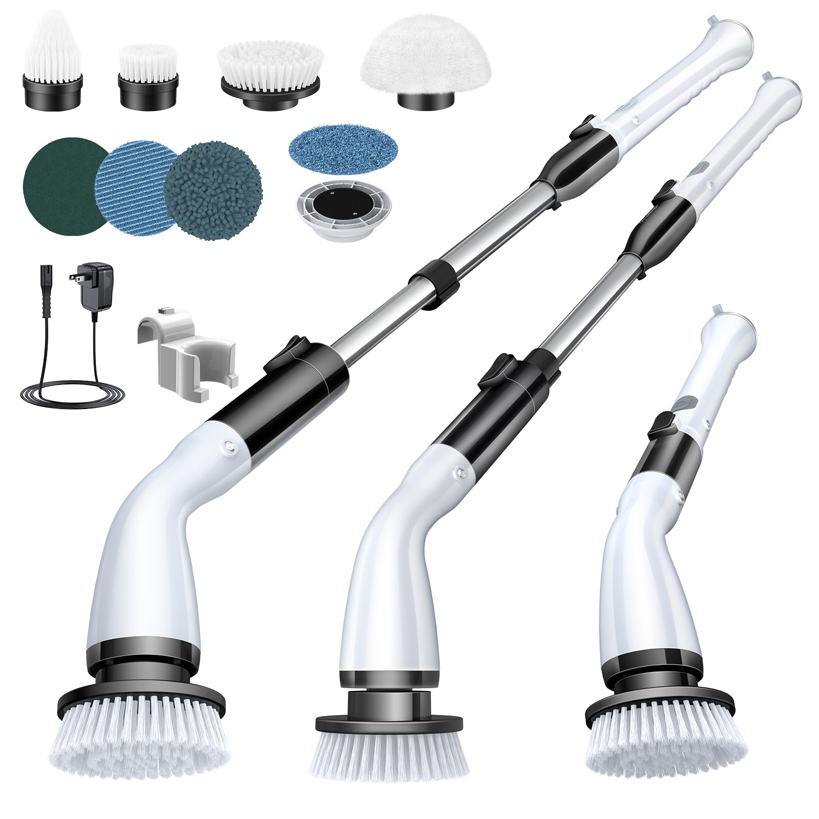 Electric Spin Scrubber LA1 Pro, Cordless Spin Scrubber with 4 Replaceable Brush Heads and Adjustable Extension Handle, Power Cleaning Brush for Bathroom Floor Tile (White)