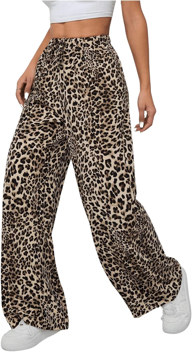 SweatyRocks Women's Leopard Print Animal Wide Leg Pants Elastic Waist Trousers with Pockets - Image 4