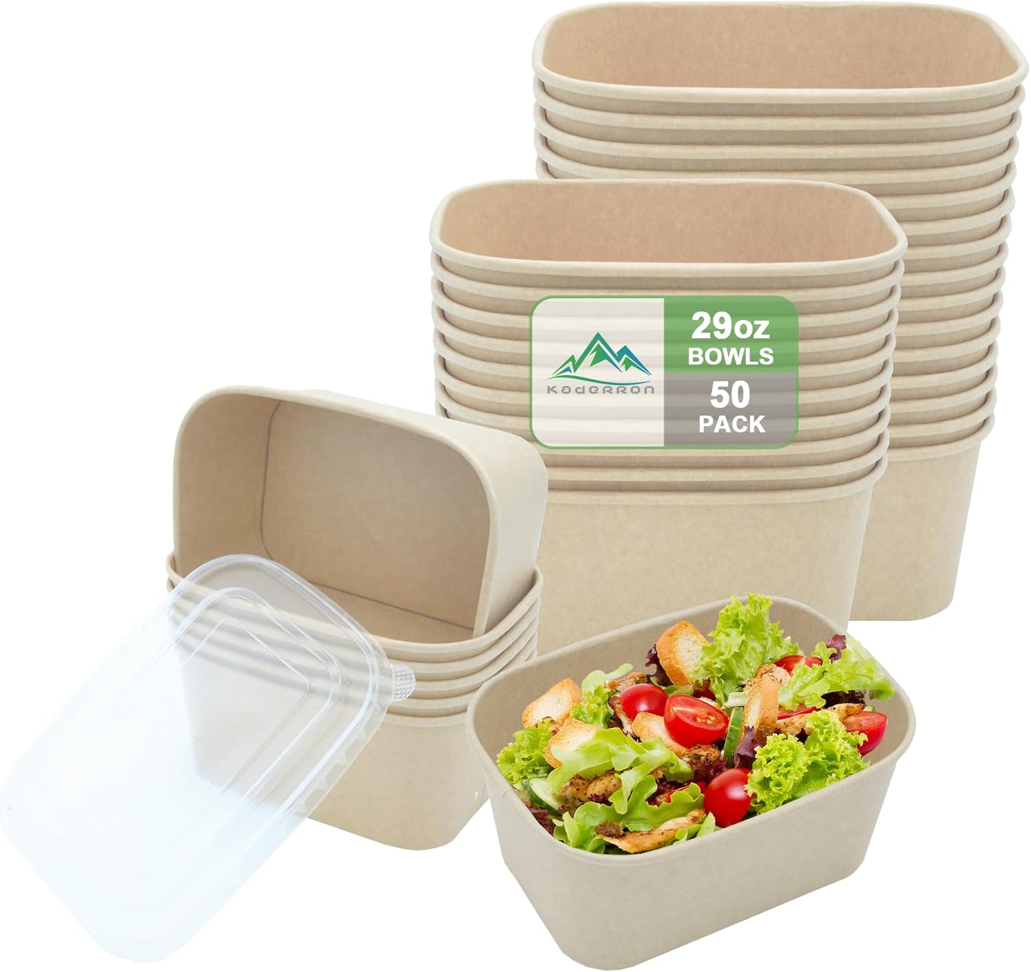 Kaderron 50-Pack 29 oz Eco-Friendly Paper Bowls with Lids – Heavy Duty & Microwave Safe