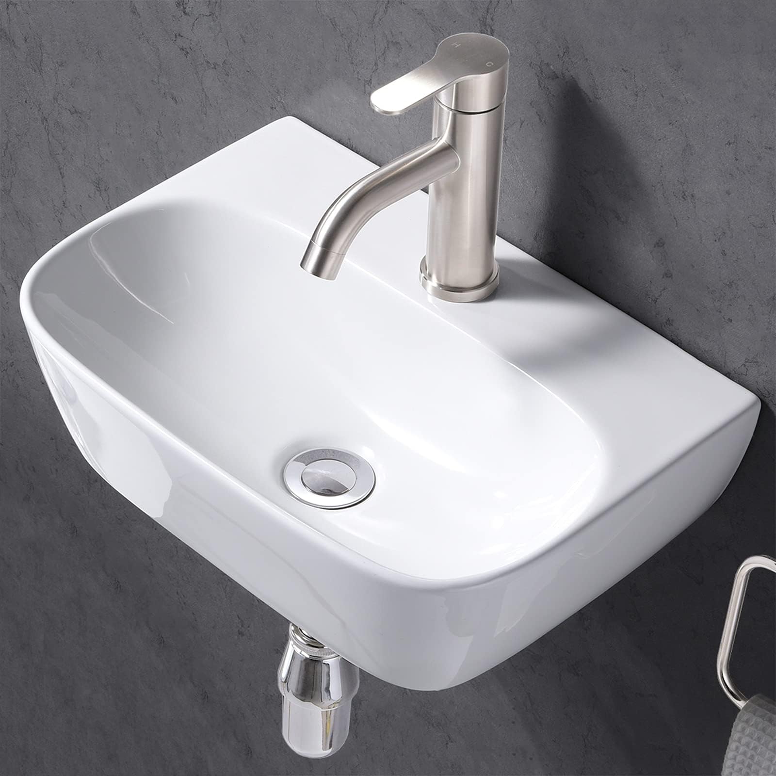 Friho Wall Mounted Bathroom Sink, 16"x11" Small Wall Mount Sink White Porcelain Ceramic for Lavatory Vanity.