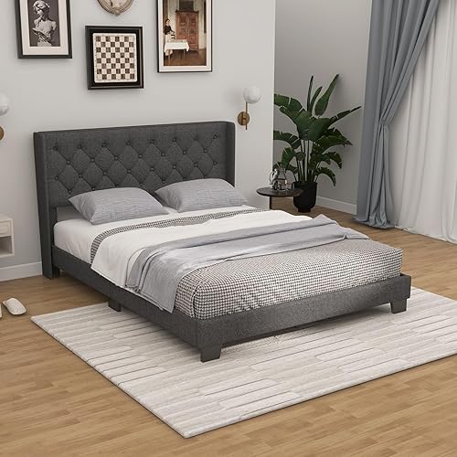 Miniatura 4 de Giantex Base de cama Queen con cabecera capitoné con botones, cama tapizada de tela moderna con diseño de respaldo de alas, base de colchón de