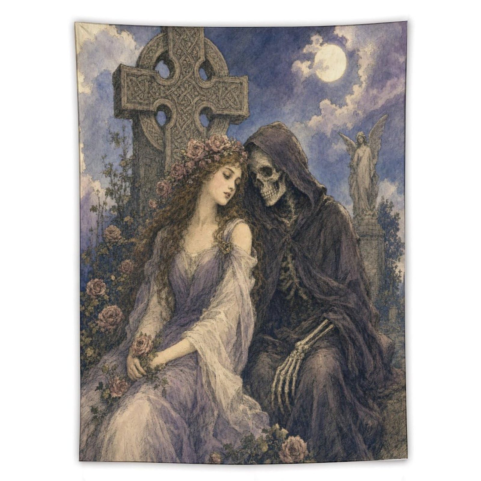 H3B8U2Y5 Gothic Bride with Death Wall Tapestry, Fantasy Illustration Style