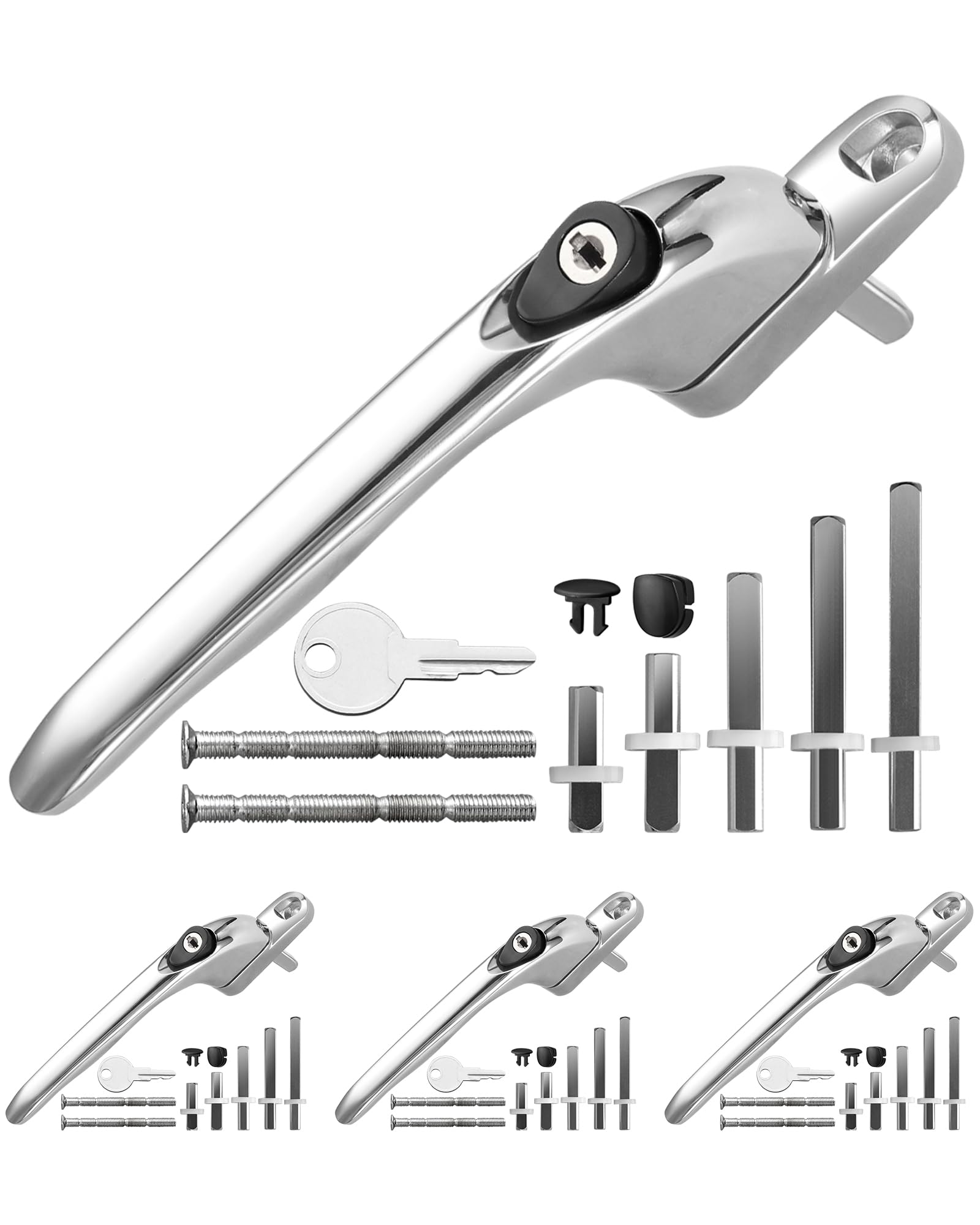 eSynic Fenstergriffe für UPVC mit 5 verschiedenen Spindeln und schneidbaren Schrauben, universeller Chrom-PVC-Fenstergriff mit Schlüssel, abschließbar, Aluminium, 360° drehbar, ergonomischer
