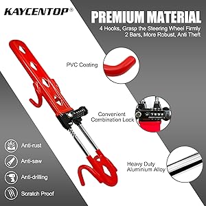 KAYCENTOP Universal Combination Steering Wheel Lock Anti-Theft Car Device, Heavy-Duty Security Wheel Locks for Cars with Adjustable Length, Keyless Code Car Lock Fit Most Vehicles, Red