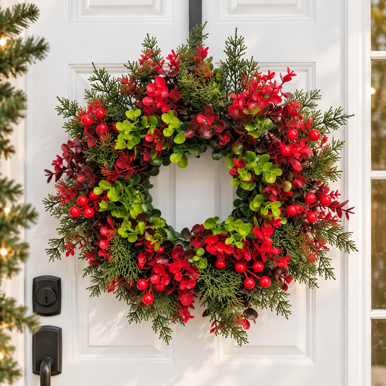 46CM Christmas Wreath with Red Berries, Norfolk Pine Wreath with Boxwood Pine Needles Leaves Wreath for Front Door for Home Farmhouse