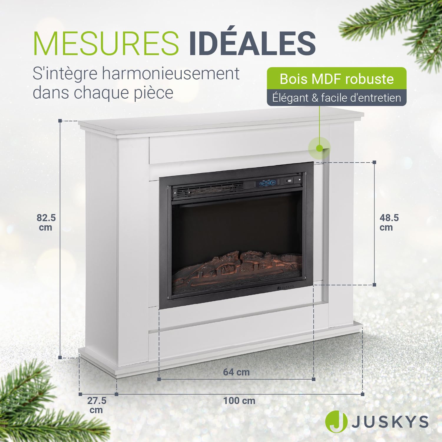 Juskys Cheminée électrique 1000/2000 W avec Chauffage, cheminée, Effet Flamme, télécommande, éclairage LED et minuterie (Blanc)(98x28x81cm)