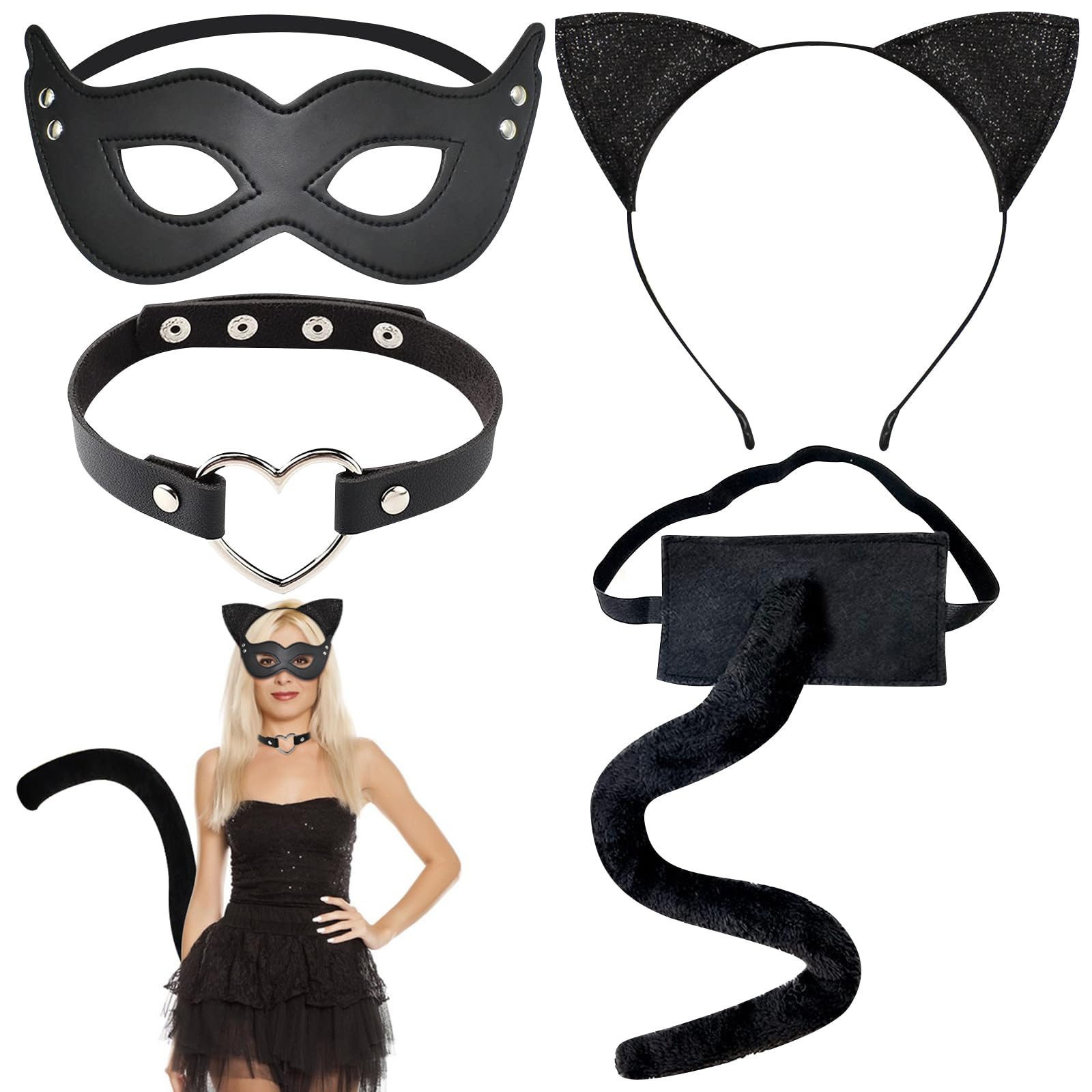 Disfraz de Gata para Mujer, 4 PCS Disfraz de Gato, con Orejas de Gato, Diadema de Cola de Peluche, Collar y Máscaras, para Halloween, Carnaval, Fiesta de Disfraces, Cosplay