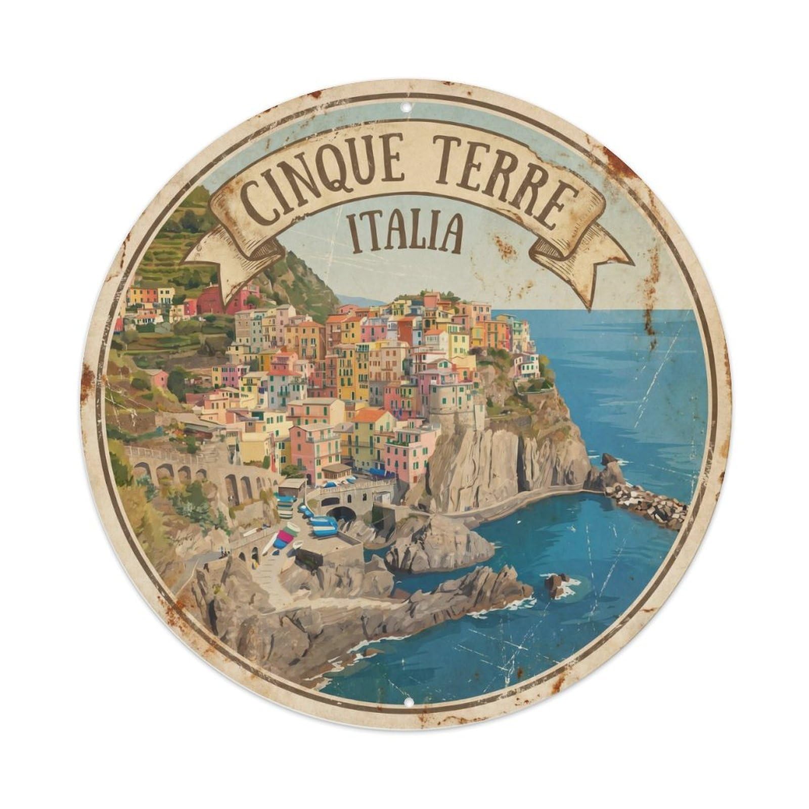 Vintage Travel Cinque Terre Villages Metal Tin Sign Plaque Wall Decor for Cafe, Club Bar, Office, Home Garden Round Metal Poster 8x8Inch