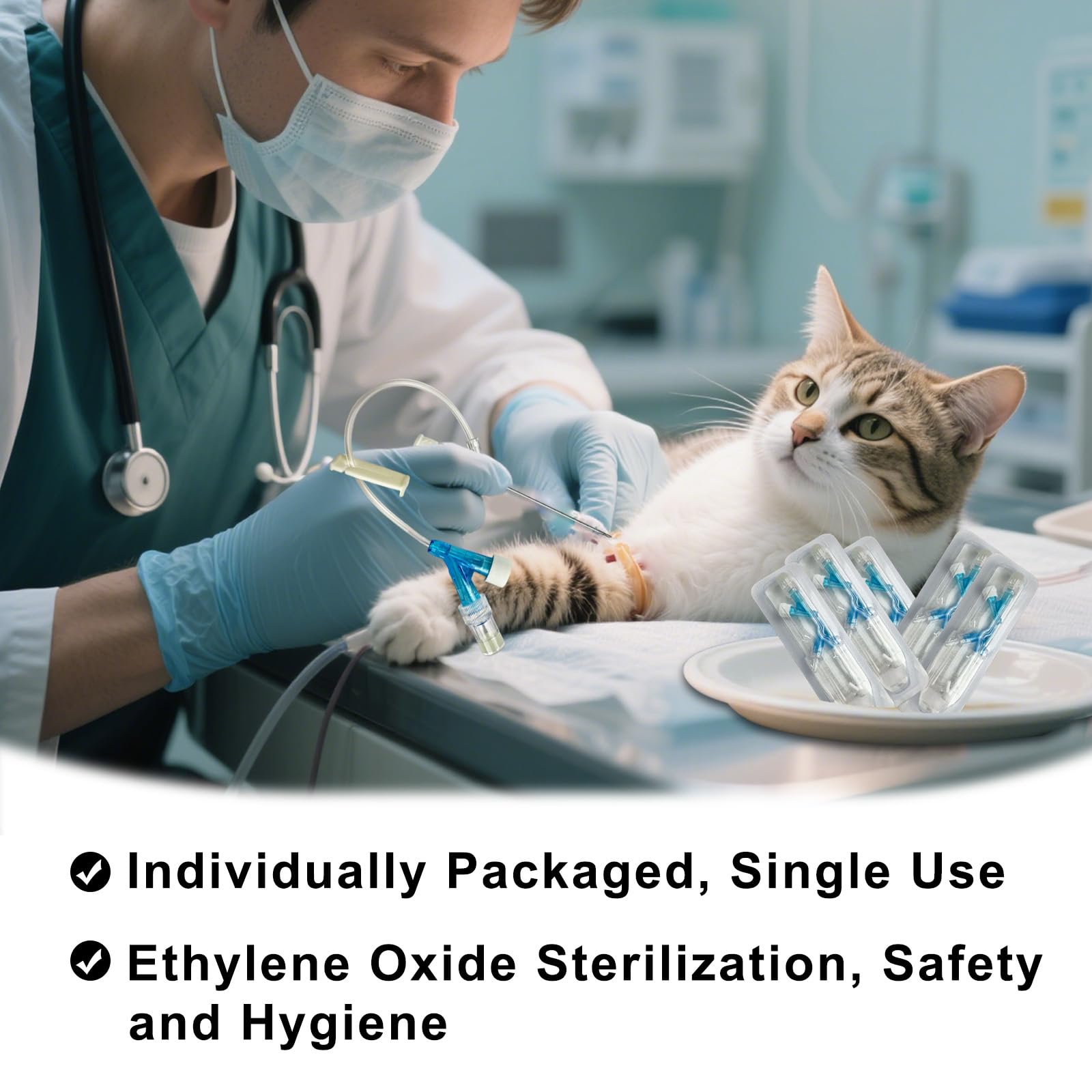 100 unidades de agujas veterinarias permanentes con tubo de extensión y pinza, catéter intravenoso veterinario, catéteres intravenosos veterinarios desechables, para animales de todos los tamaños.