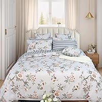 Vista 28 de FADFAY Juego de funda de edredón, ropa de cama floral elegante, beige desgastado con pájaros y flores, juego de funda de edredón vintage de granja