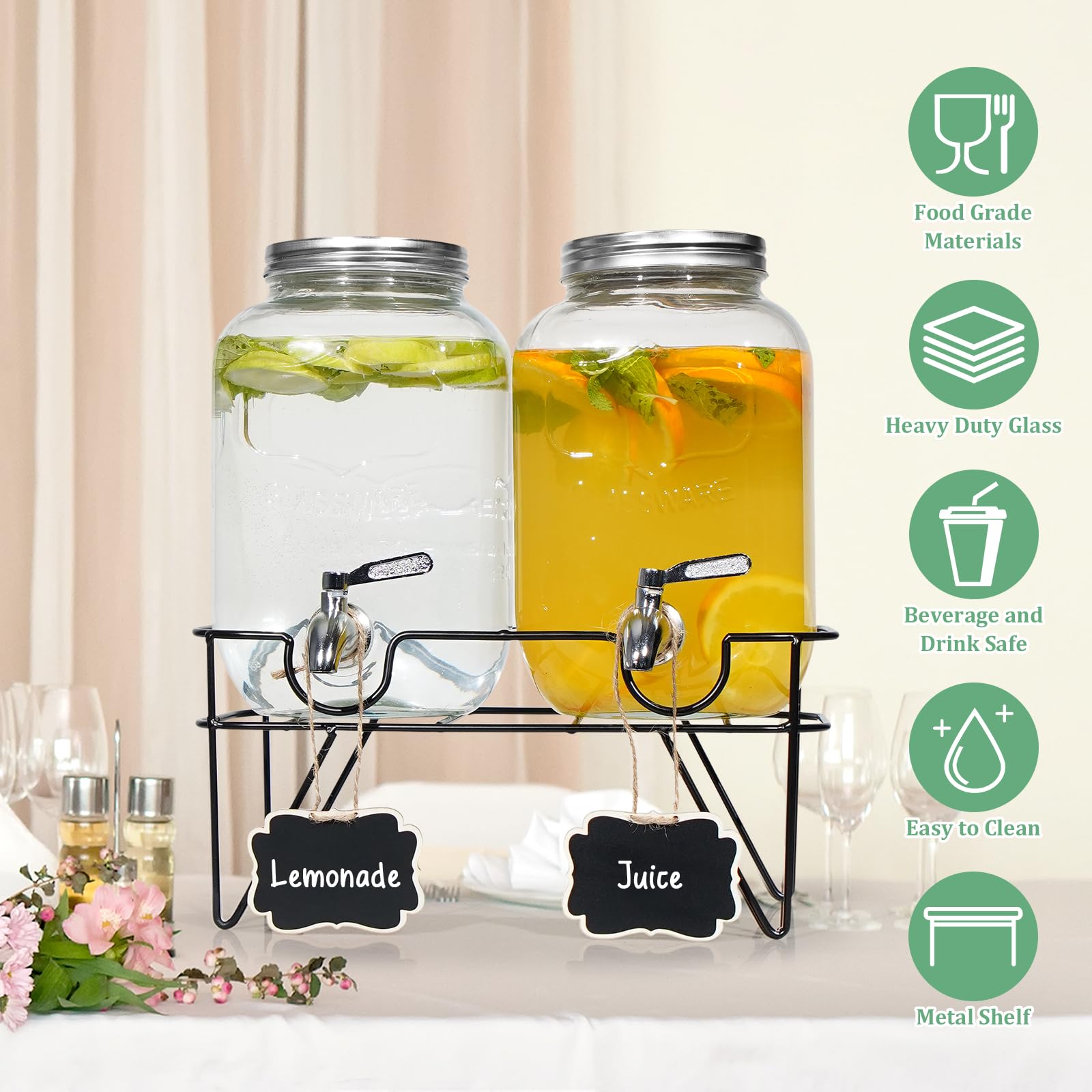 Hisredsun 2 x 4L Dispensador De Bebidas De Vidrio, Con Soporte De Metal | Dispensador de bebidas con grifo de acero inoxidable, fuente de agua y cóctel, perfecto para fiestas, bodas, cumpleaños