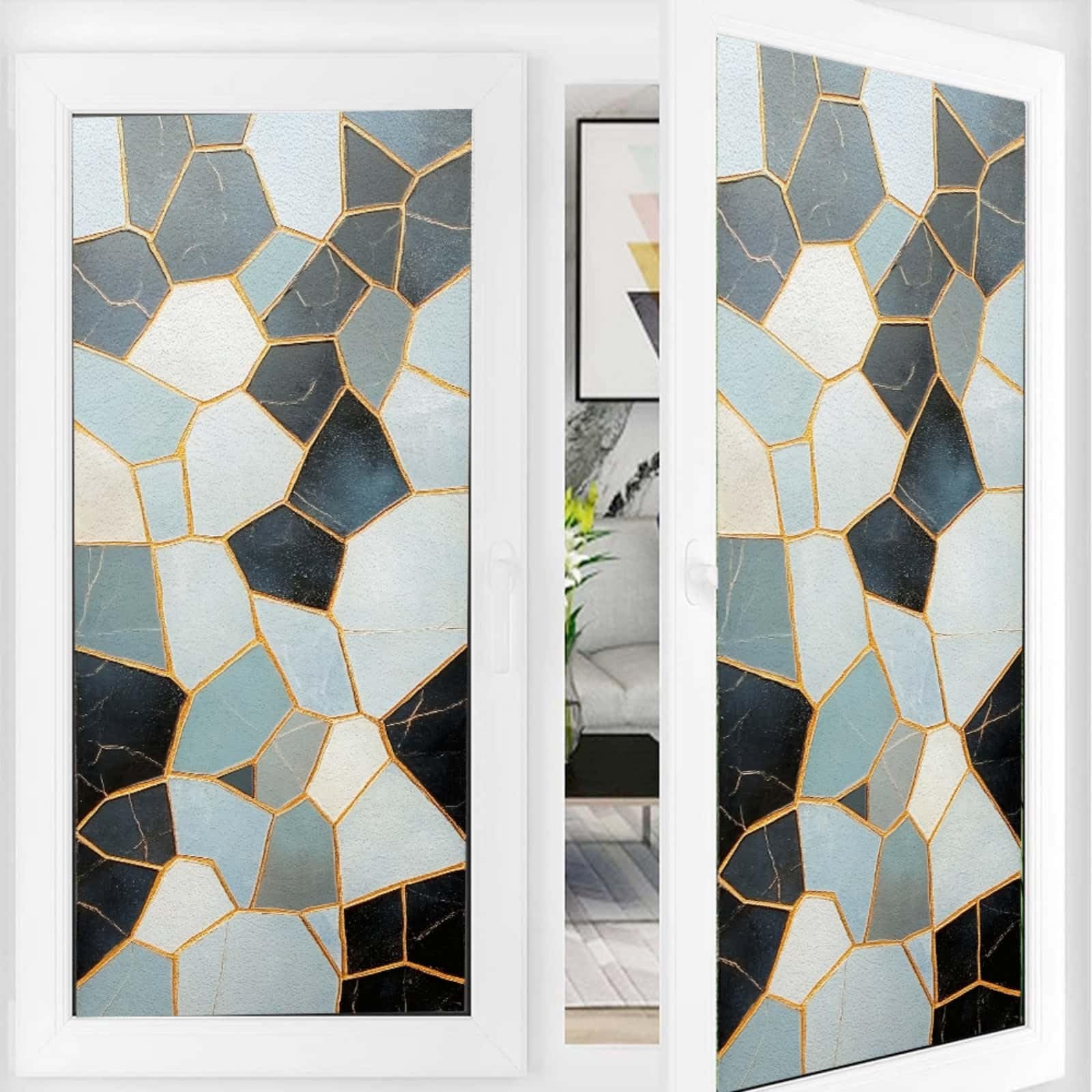 Privacy Film for Glass Windows 43x200cm Black Gold Stained Glass Window Film Non Adhesive Reusable Waterproof PVC Opaque Window Stickers for Bathroom Office Decoration